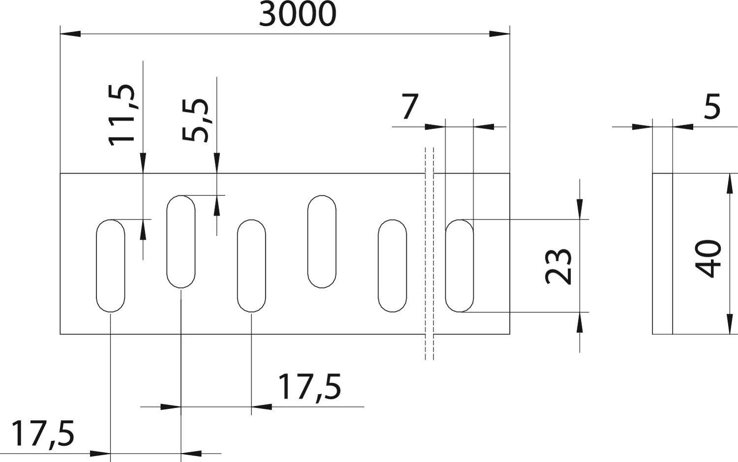 Technische Zeichnung eines Metallprofils mit Schlitzen. Maße: Länge 3000 mm, Schlitzbreite 11,5 mm, Schlitzabstand 17,5 mm.