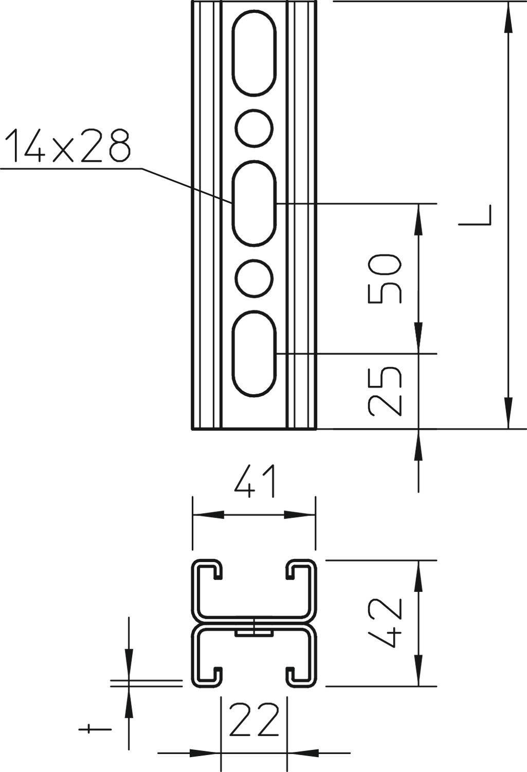 Technische Zeichnung eines Metallprofils mit Abmessungen: 14x28 mm Löcher, 41 mm Breite, 42 mm Höhe, 22 mm Kanalbreite.