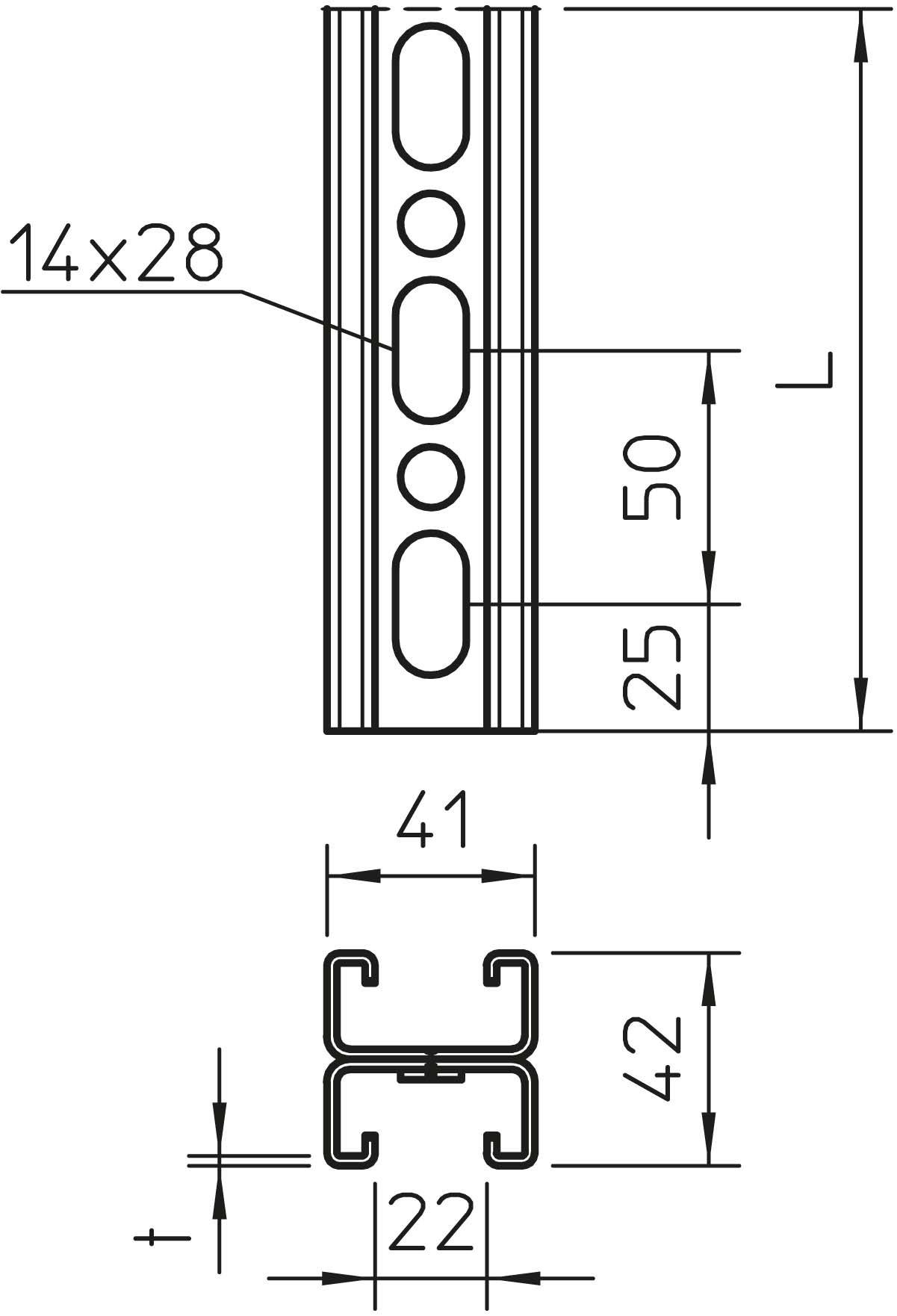 Technische Zeichnung eines Aluminiumprofils: Längsansicht zeigt ein längliches Profil mit ovalen Öffnungen, Querschnitt unten zeigt die Form mit genauen Maßen in mm.