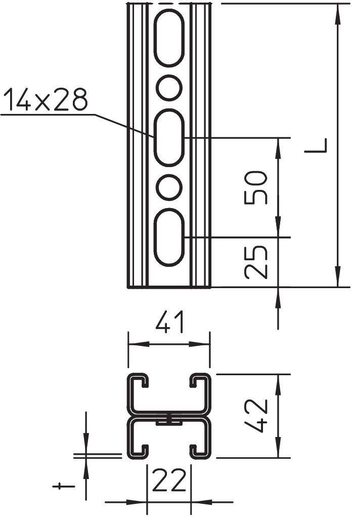 Technische Zeichnung eines Aluminiumprofils mit Maßen: Länge 'L', Breite 41 mm, Höhe 42 mm. Bohrungen: 14x28 und 25 mm Abstand.
