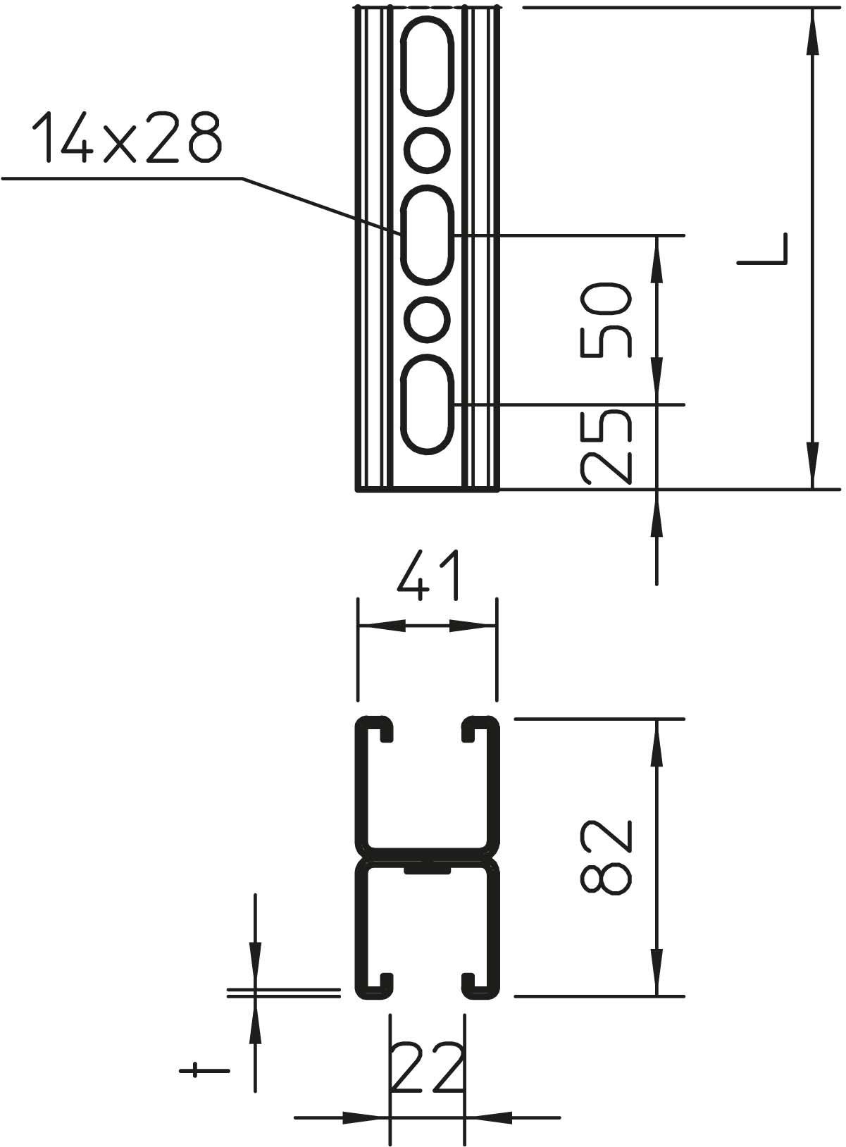 Technische Zeichnung eines Profils mit Maßen: 14x28, 25, 50, 41, 82, 22 und L (ungesetzt). Zeigt Querschnitt und Ansichten.