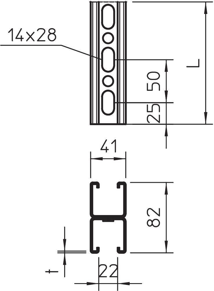 Technische Zeichnung eines Metallprofils. Oben: Profil mit vier ovalen Löchern, Maße 14x28. Mitte: Höhe 82, Breite 22.