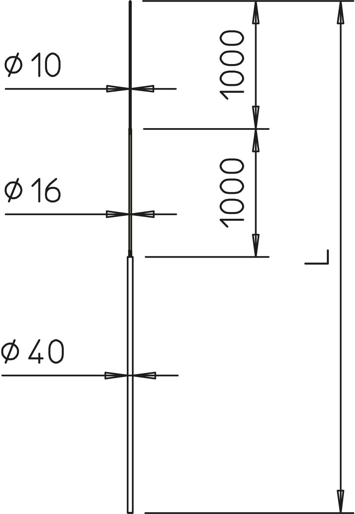 Technische Zeichnung eines Stabes: Durchmesser am oberen Ende 10 mm, in der Mitte 16 mm und am unteren Ende 40 mm. Höhe 2000 mm.