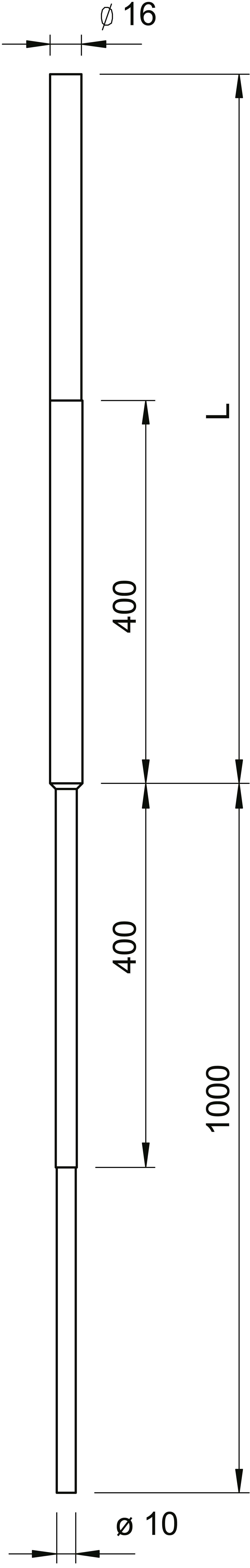 Technische Zeichnung eines zylindrischen Stabs mit Durchmesser 10 mm. Gesamtlänge 1000 mm, mittlerer Abschnitt 400 mm, Durchmesser 16 mm.