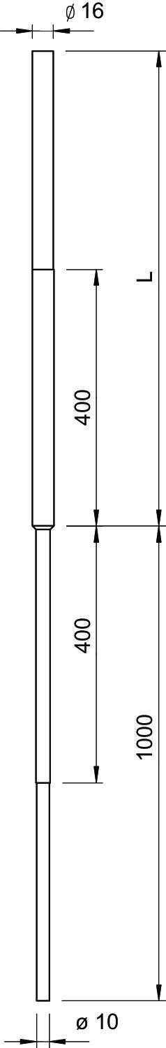 Technische Zeichnung eines zylindrischen Objekts. Oben Durchmesser 16 mm, unten 10 mm, Gesamtlänge 400 mm in zwei Segmenten.