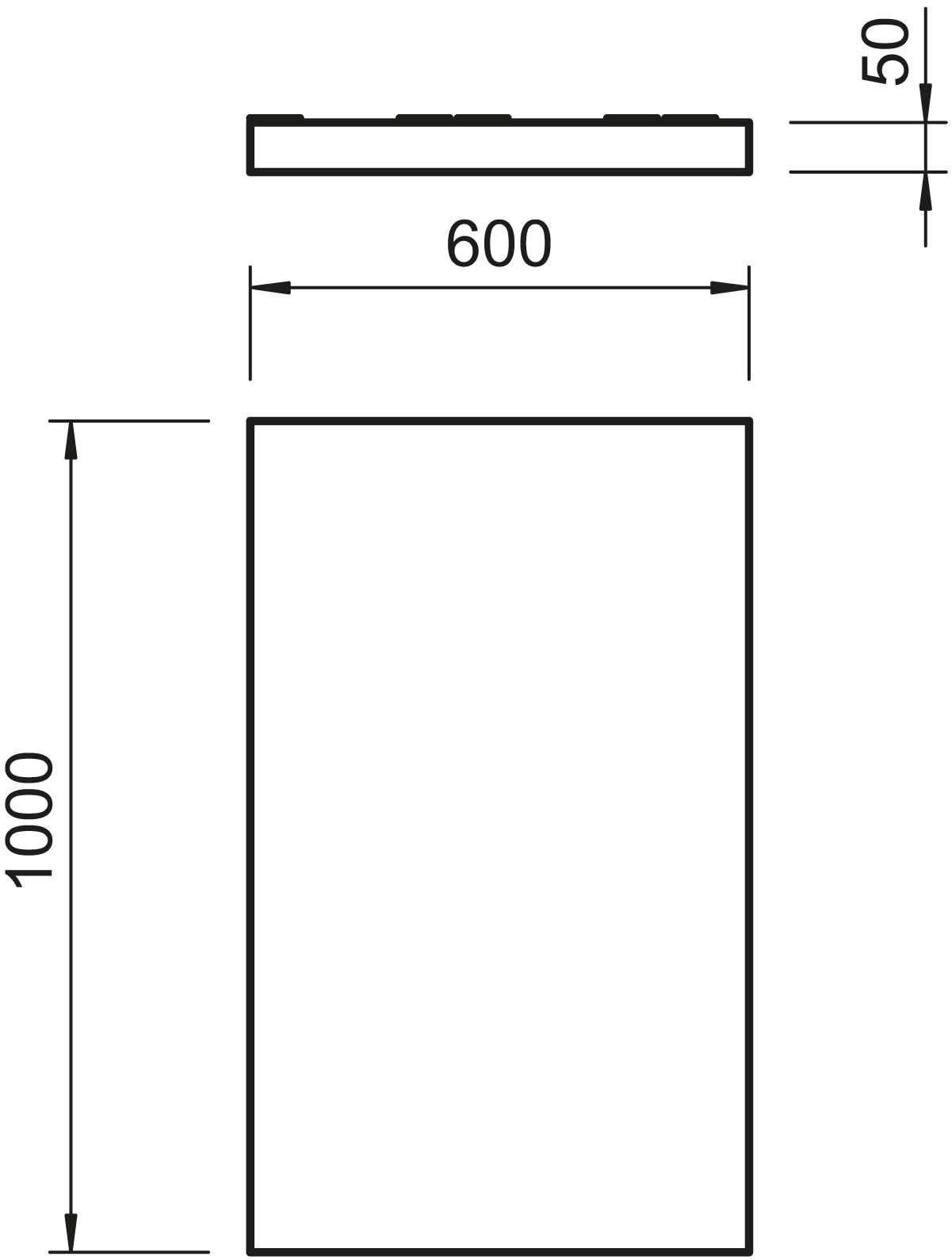 Skizze eines rechteckigen Objekts mit den Maßen: Breite 600 mm, Höhe 1000 mm, und Tiefe 50 mm, gezeigt in Vorder- und Seitenansicht.