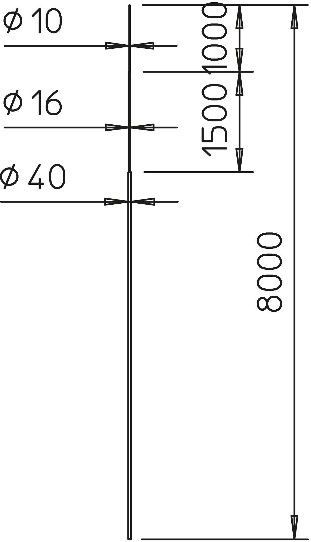 Schema zeigt vertikalen Stab, 8000 mm lang, mit drei horizontale Kreise, Ø 10, Ø 16, Ø 40. Abstand einzelner Kreise: 1500 mm, 1000 mm.