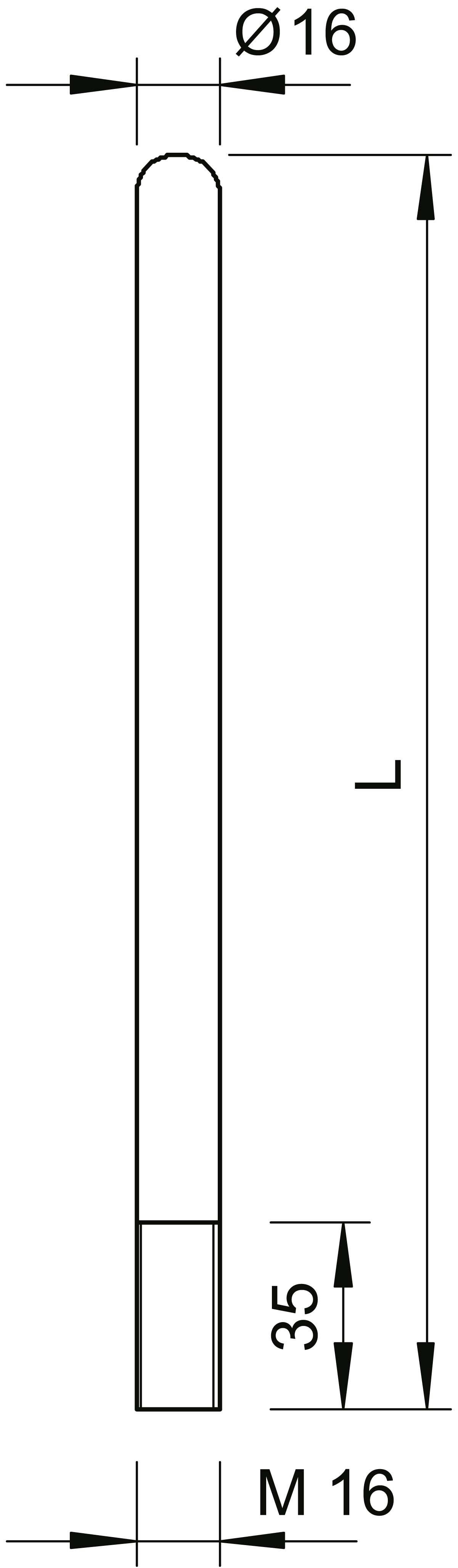Diagramm eines zylindrischen Stabs: Der Durchmesser beträgt 16 mm, Länge ist nicht angegeben, unterer Abschnitt 35 mm ist mit M16-Gewinde.