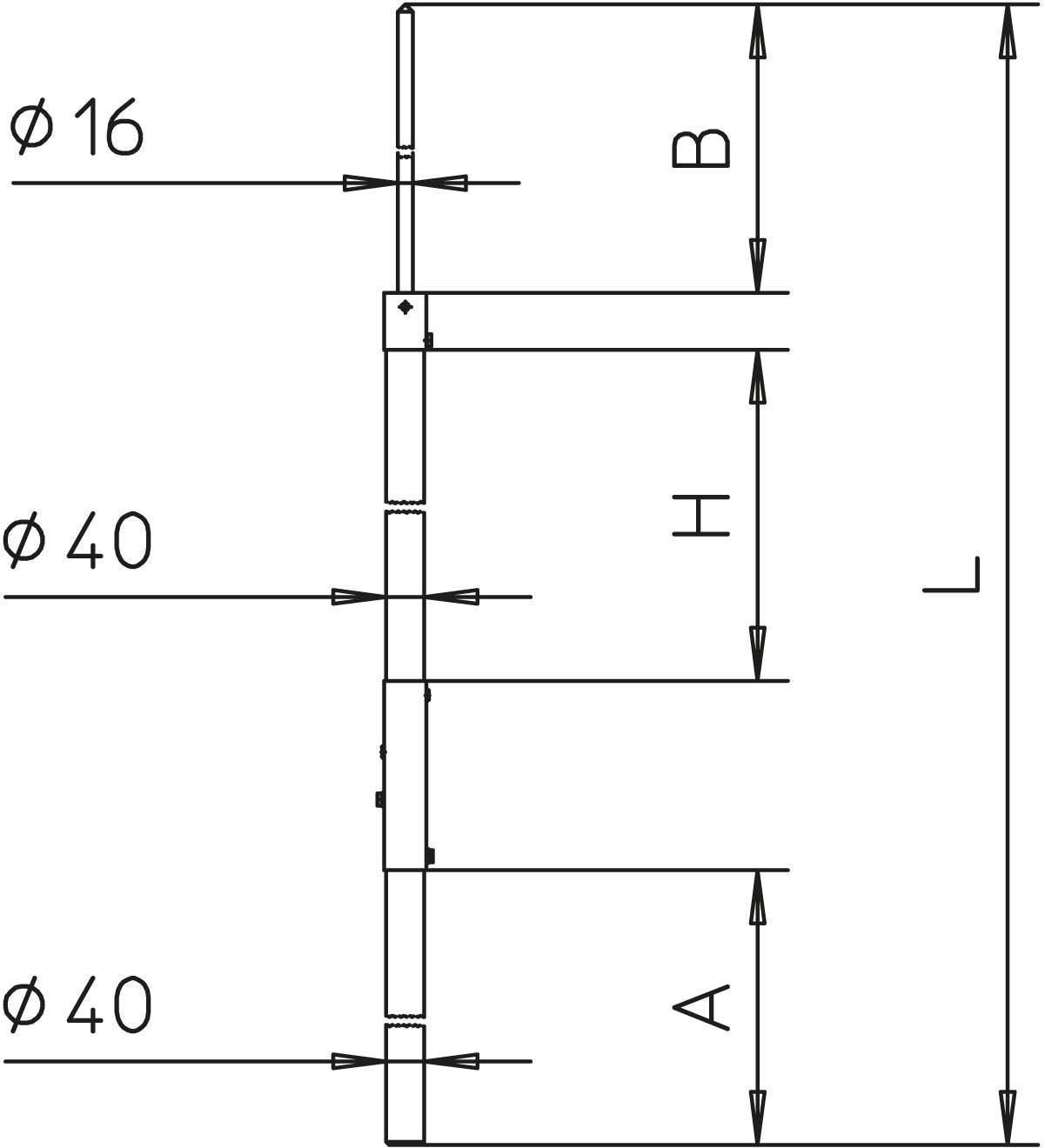 Technische Zeichnung eines Bauteils mit Längen- und Durchmesserangaben: Durchmesser Ø16, Ø40, Gesamtlänge L, Abschnitte H und A.