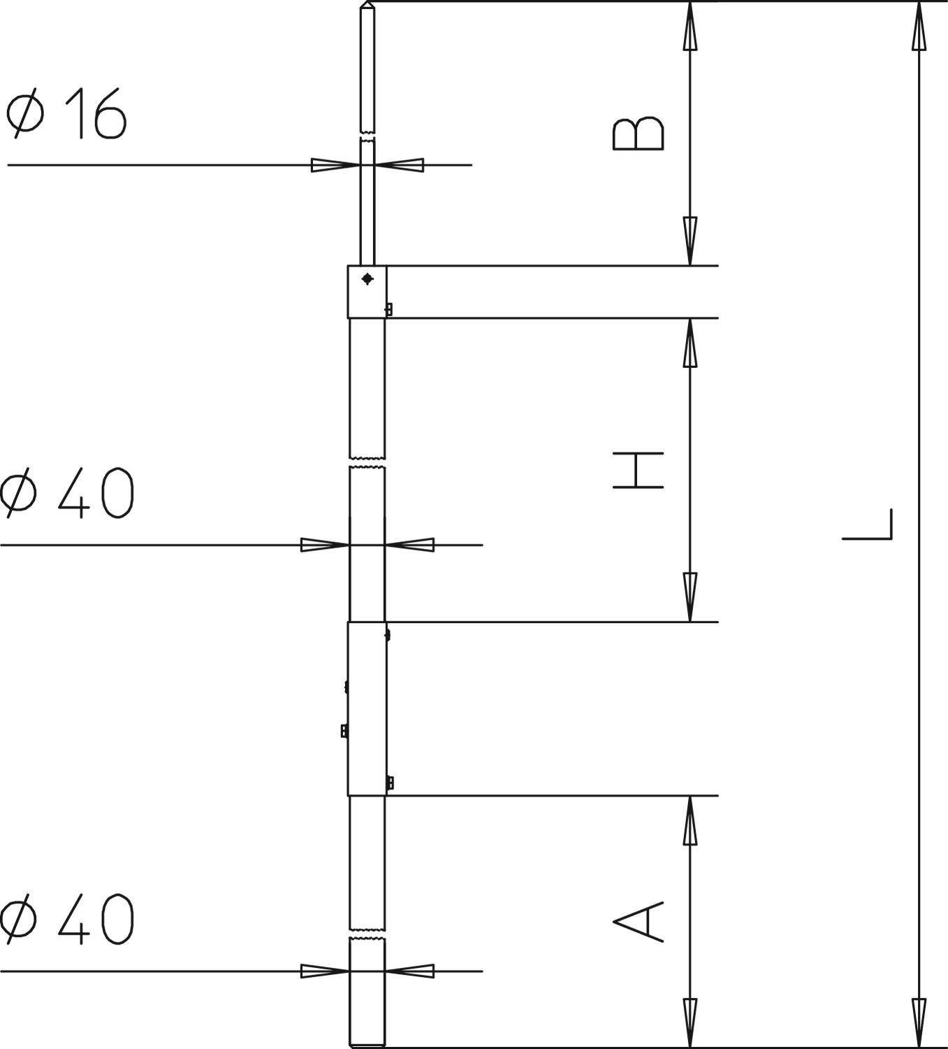 Technische Zeichnung eines vertikalen Stabs mit Abmessungen. Durchmesser oben: 16 mm, Mitte: 40 mm, Gesamtlänge: L, mit Abschnitten A, B und H.