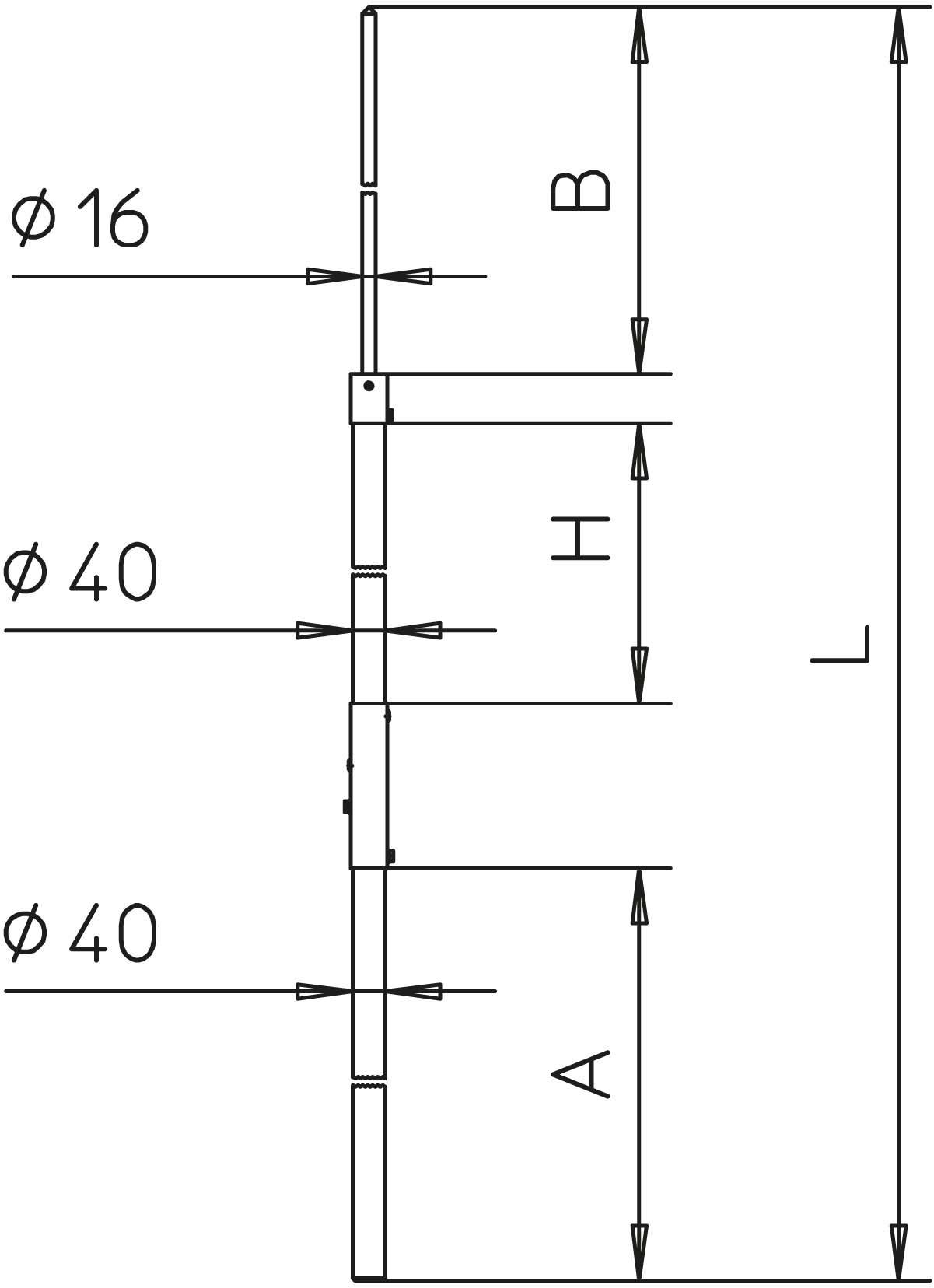 Technische Zeichnung eines Stabes mit Längen A, B, H und Außendurchmessern Ø16 und Ø40. Zeigt Maße und Segmente.