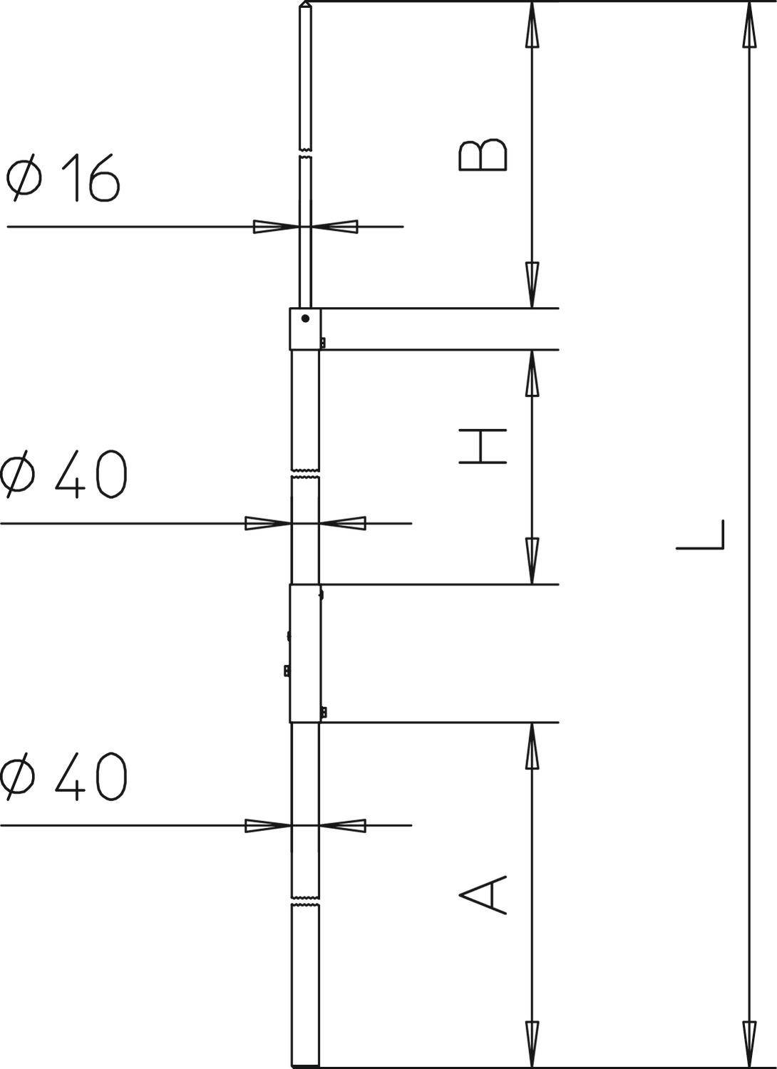 Konstruktionsdiagramm eines vertikalen Rohrs mit drei markierten Abschnitten: A (längster Teil), H (mittlerer Teil), B (kürzester Teil). Durchmesser Ø16 und Ø40.