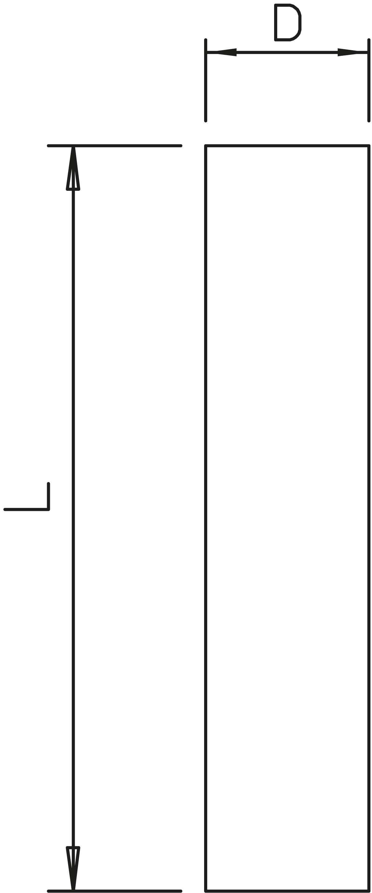 Technische Zeichnung eines quadratischen Balkens mit den Maßen 'D' für die Breite und 'L' für die Länge, markiert mit Pfeilen.