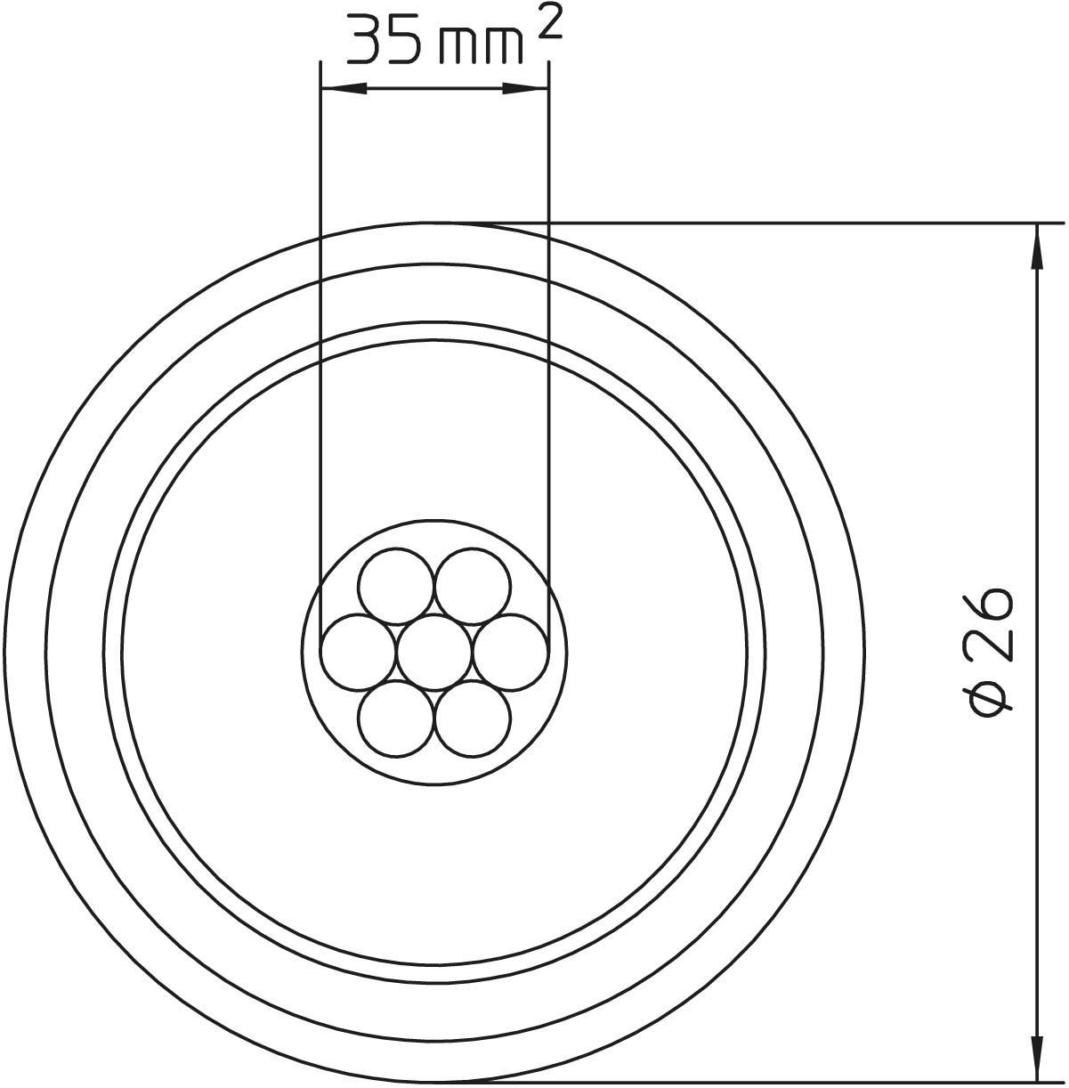 Querschnitt eines kreisförmigen Kabels mit Durchmesserangaben: 35 mm² Querschnittsfläche und 26 mm äußerer Durchmesser.