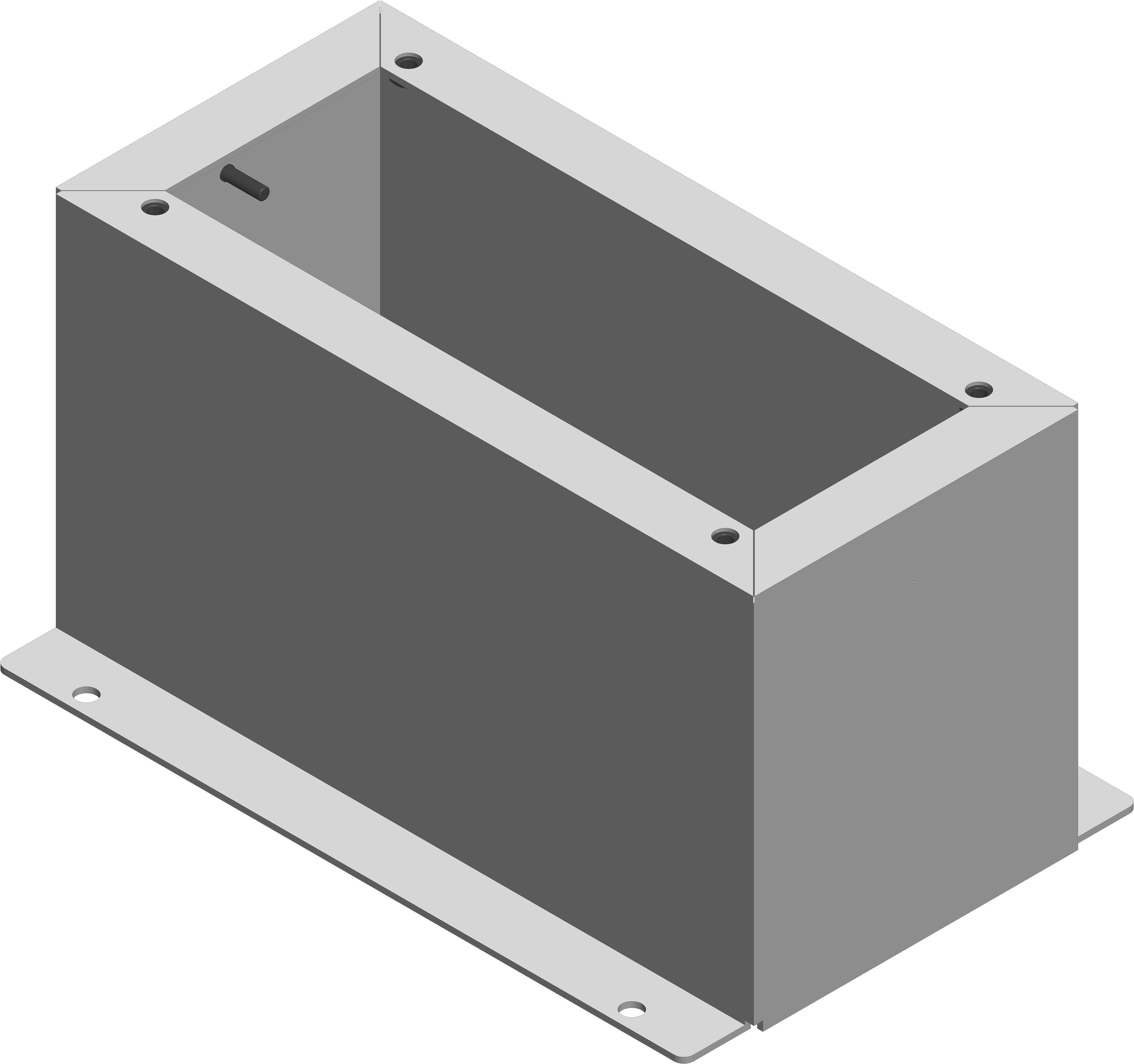 Eine graue, rechteckige Metallkiste mit vier Schraubenlöchern an den Ecken der Basis, ohne Deckel dargestellt.