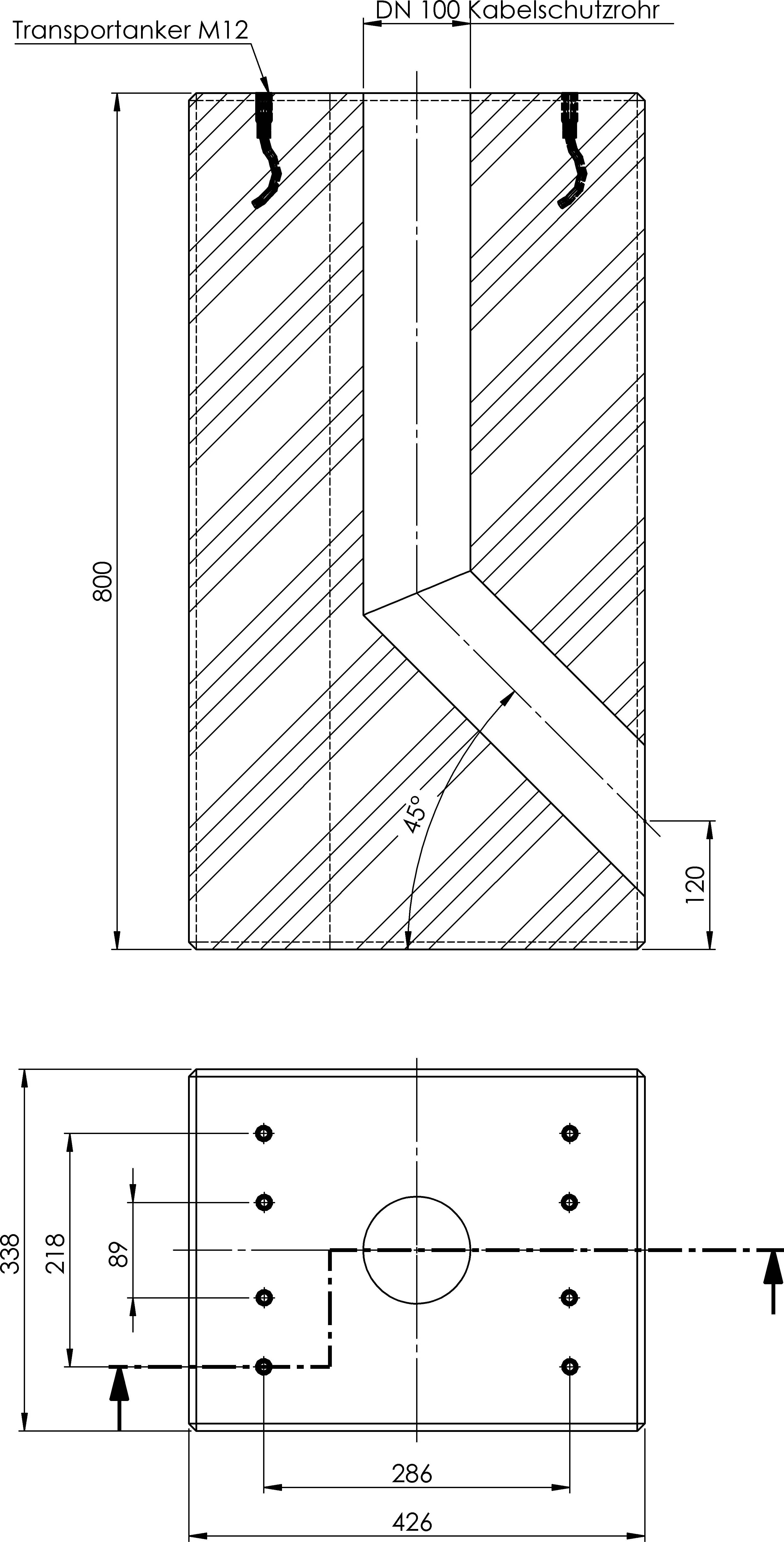 Technische Zeichnung zeigt ein 'Transportanker M12' mit Maßen. Oben verläuft ein DN 100 Kabelschutzrohr diagonal zwischen den Punkten.