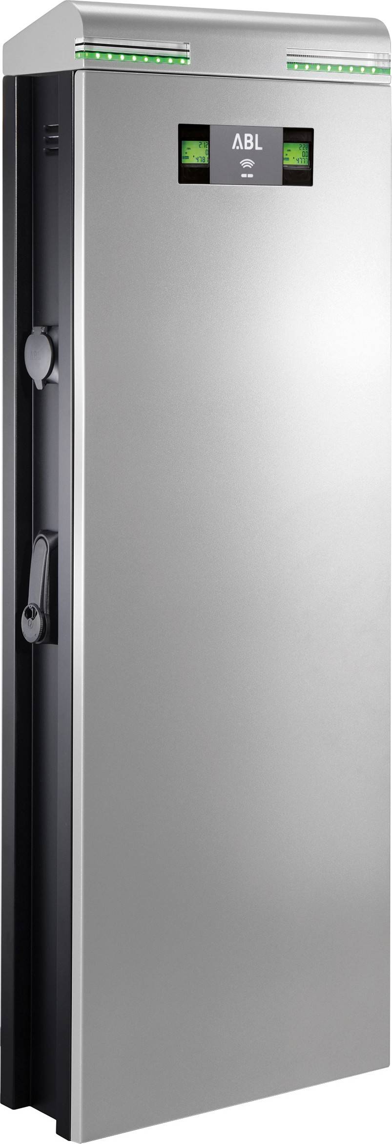 Ladesäule aus Metall mit Display und Steckdosen für Elektrofahrzeuge, Hersteller: ABL.