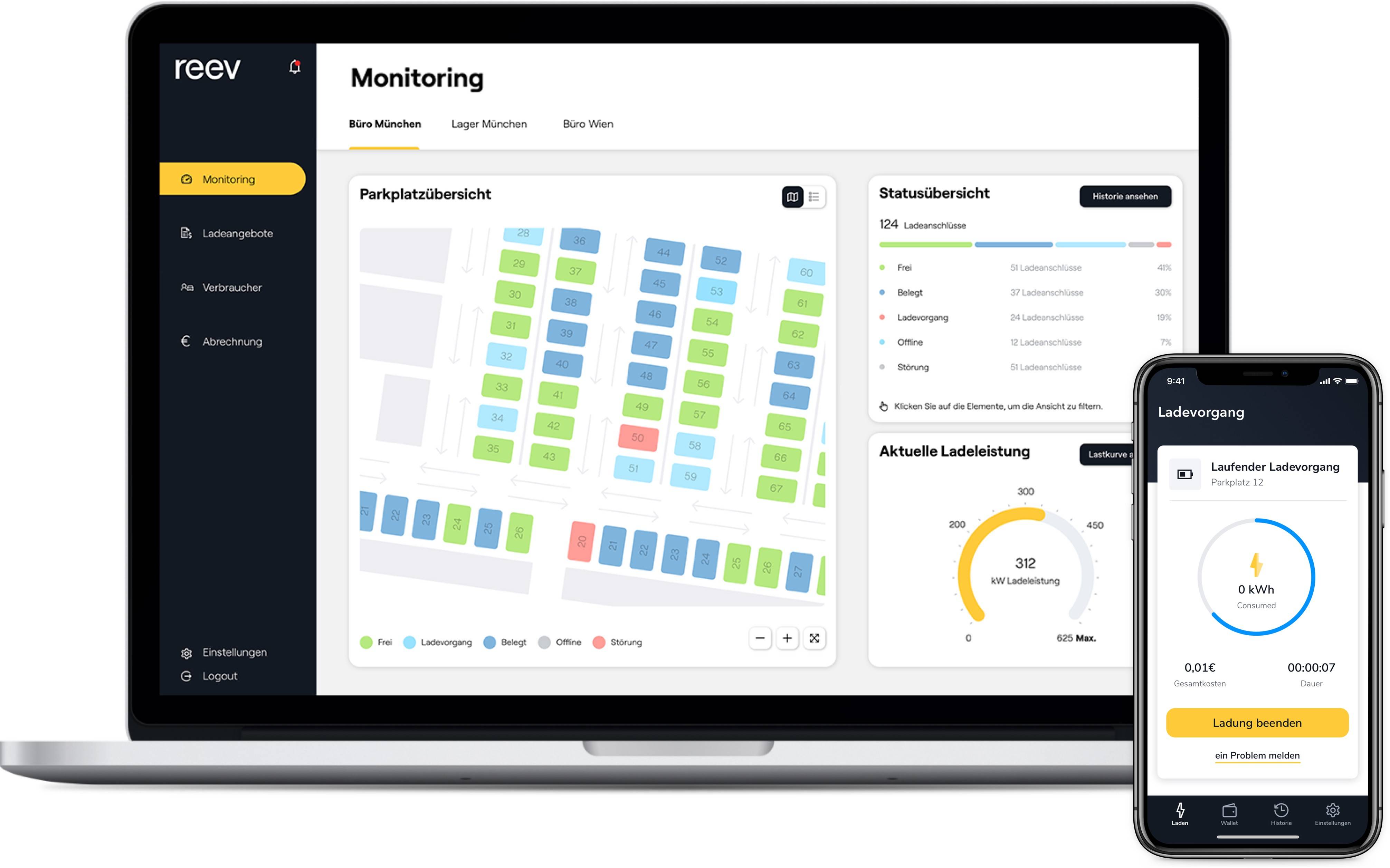 Laptop und Smartphone zeigen eine Monitoring-Software für Ladeplätze. Der Bildschirm zeigt eine Übersicht von Ladeplätzen und aktuelle Ladeleistung.