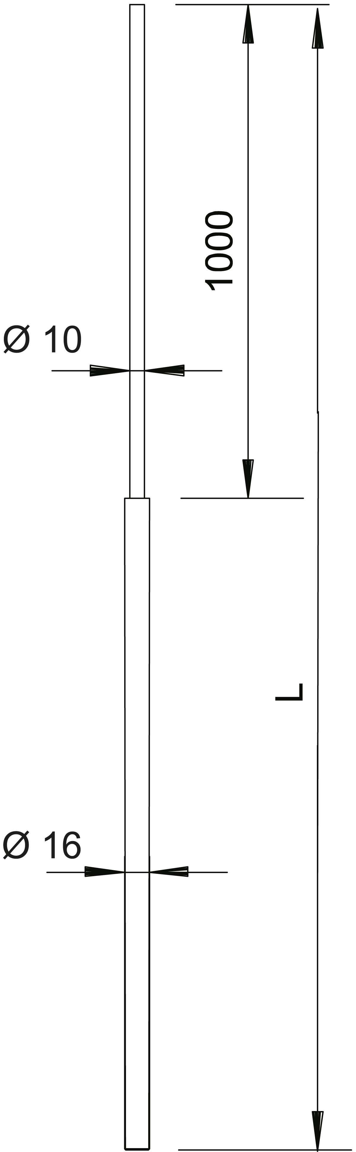Technische Zeichnung eines zylindrischen Stabes. Der obere Abschnitt hat 10 mm Durchmesser und 1000 mm Länge, der untere 16 mm.