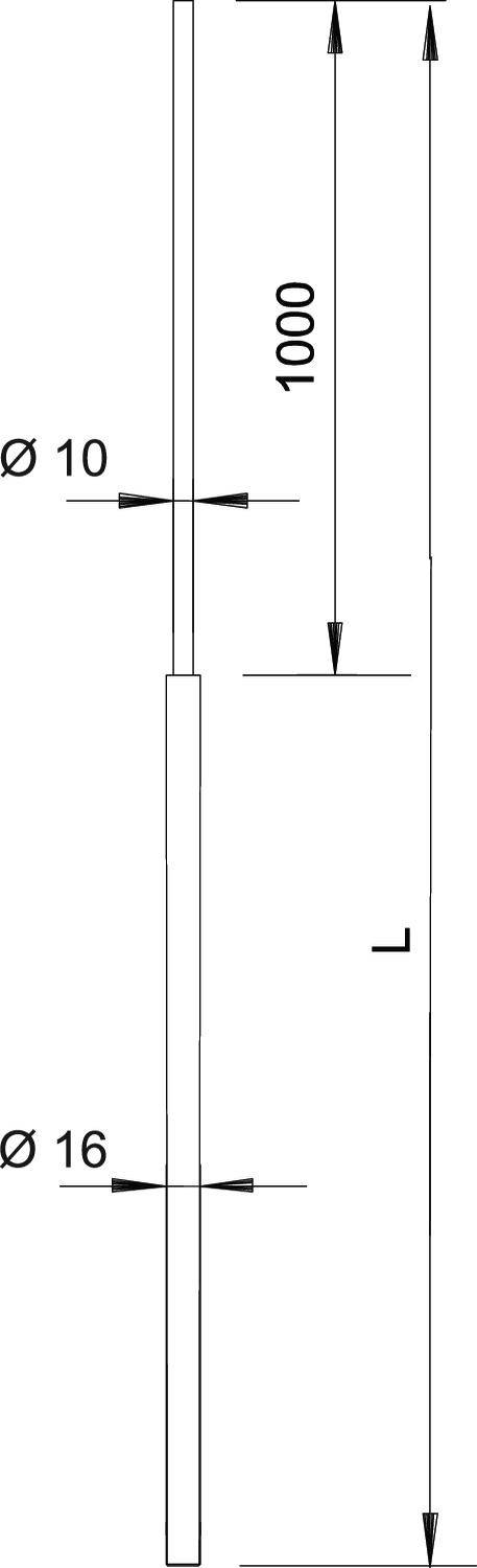 Technische Zeichnung eines zylindrischen Stabes. Oben Durchmesser 10 mm, unten 16 mm. Gesamtlänge 1000 mm.