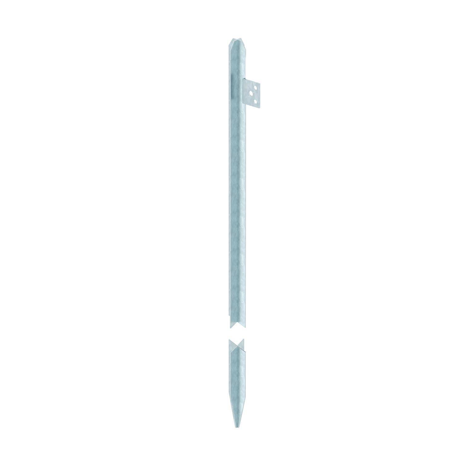 Metallischer Zaunpfosten mit spitzem Ende und rechteckigem Anschlussstück oben rechts für die Befestigung. Ideal für Gartenbau.