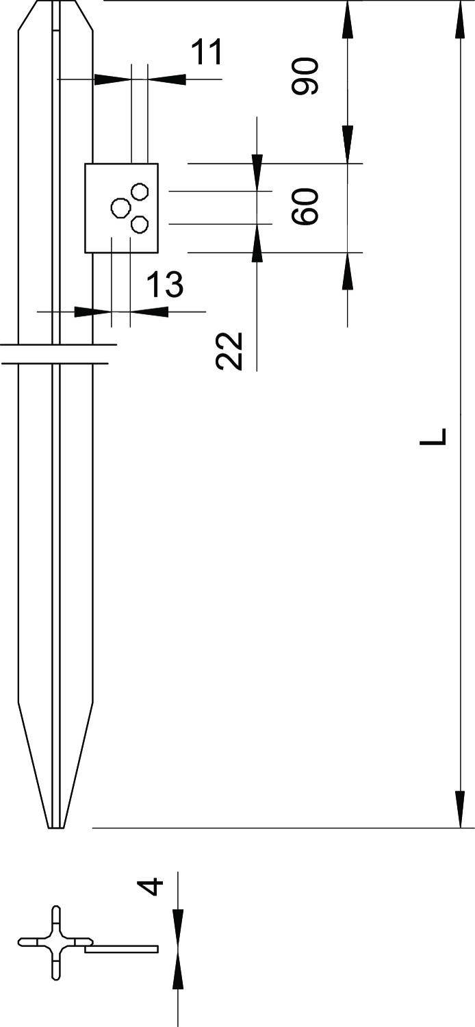 Technische Zeichnung eines Erdspießes mit Abmessungen: Gesamtlänge 'L', Breite '4', Zwischenräume '90', '60', Position '11', '13', '22'.