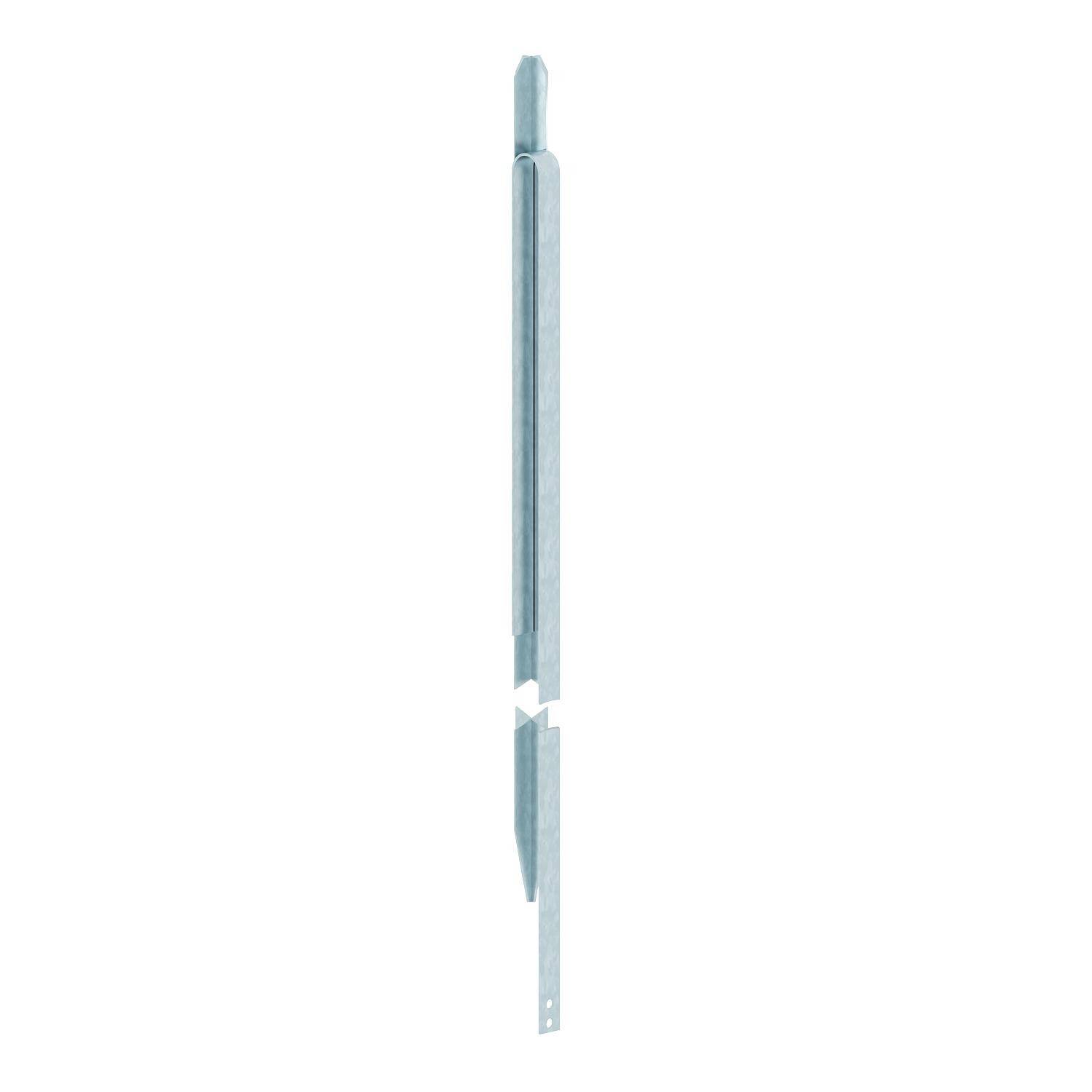 Ein langer, schlanker Metallstab mit einer Spitze am unteren Ende und einem abgeschrägten Bereich zur Befestigung in den Boden.