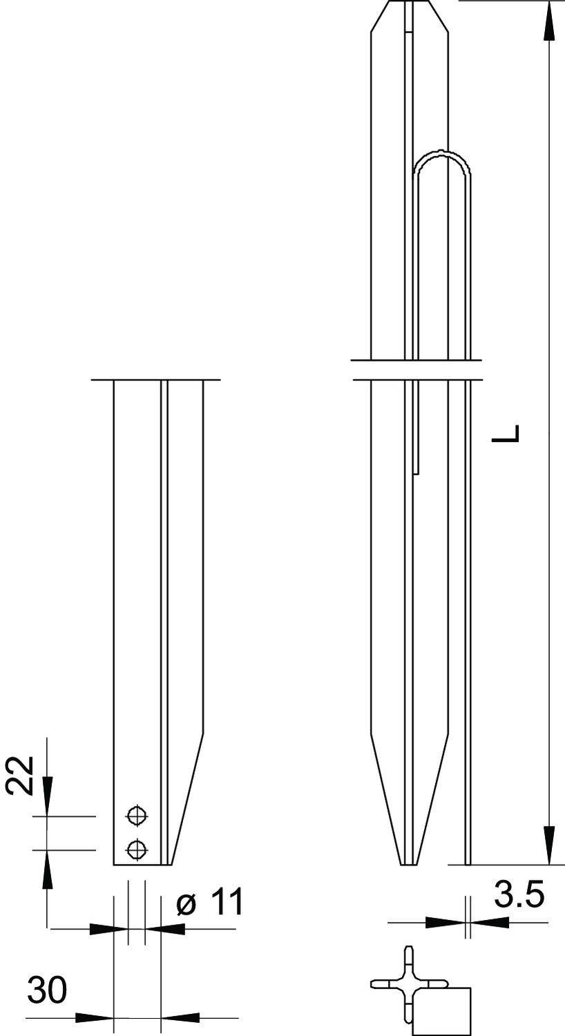 Technische Zeichnung eines Erdankers mit Abmessungen. Zeigt Seiten- und Querschnittansicht. Maße: L, 22mm, Durchmesser 11mm.