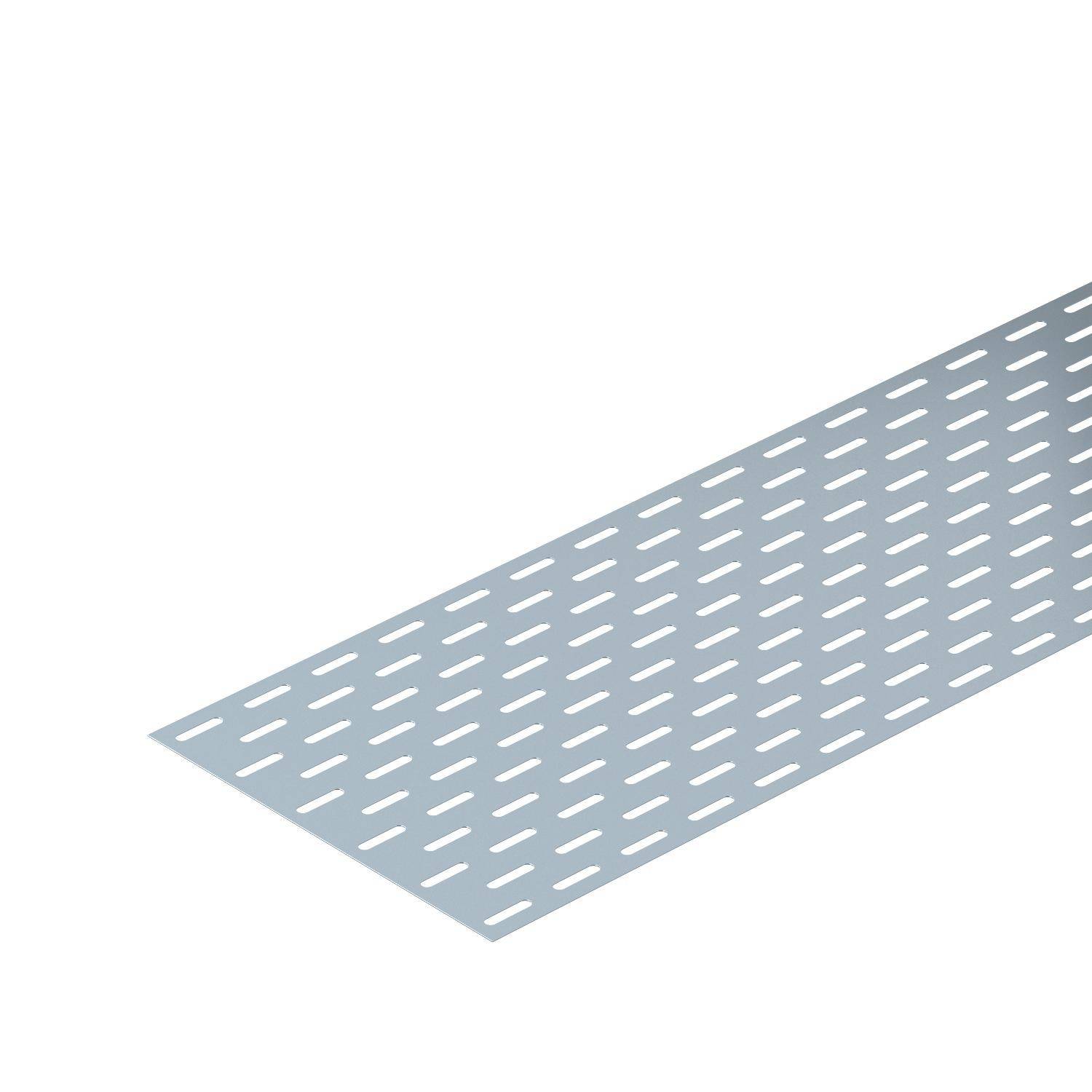 Metallplatte mit schräg angeordneten Löchern, die Licht oder Luft durchlässt. Ebenes Design, neutraler Hintergrund.