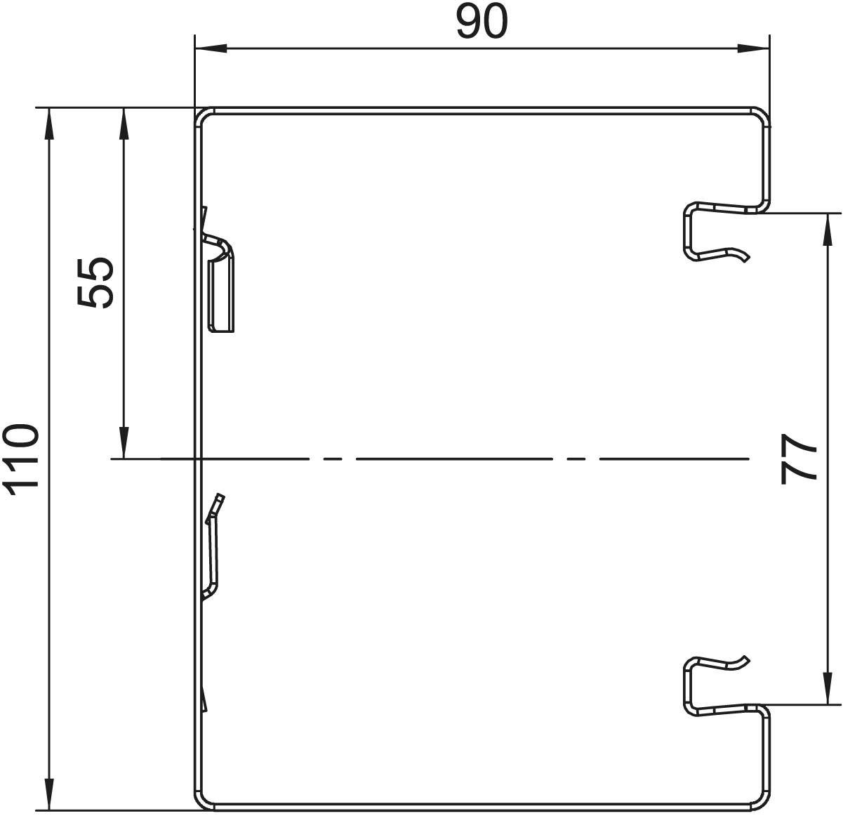 Technische Zeichnung eines Metallprofils: Rechteckform, Maße 90x110 mm. Kanten mit Haken, Höhe 55 mm markiert.