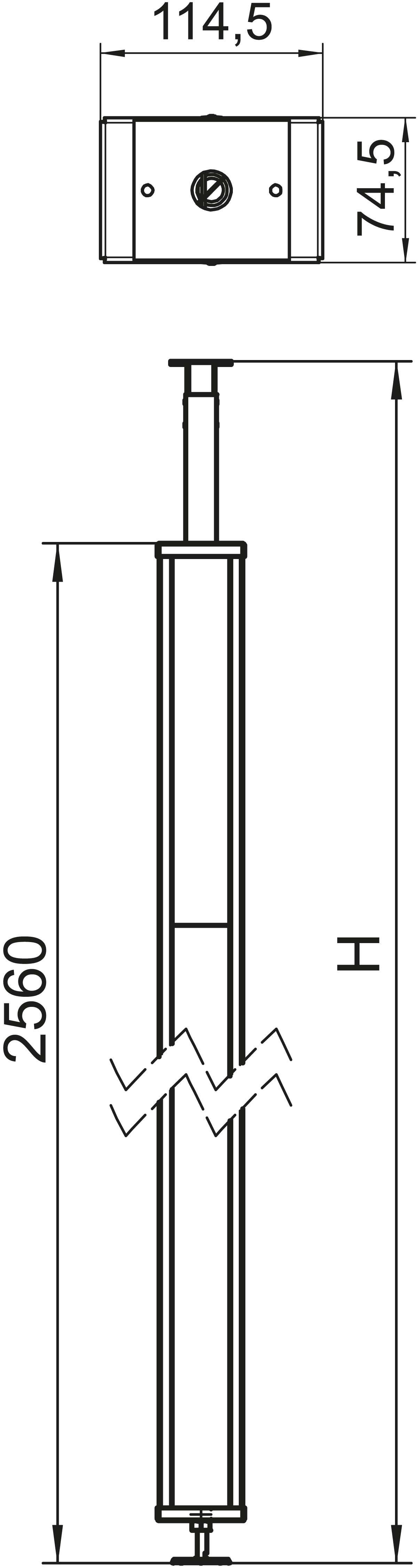 Technische Zeichnung eines zylindrischen Objekts mit Maßen: Höhe 2560 mm. Oben: quadratische Komponente 114,5 mm breit und 74,5 mm hoch.