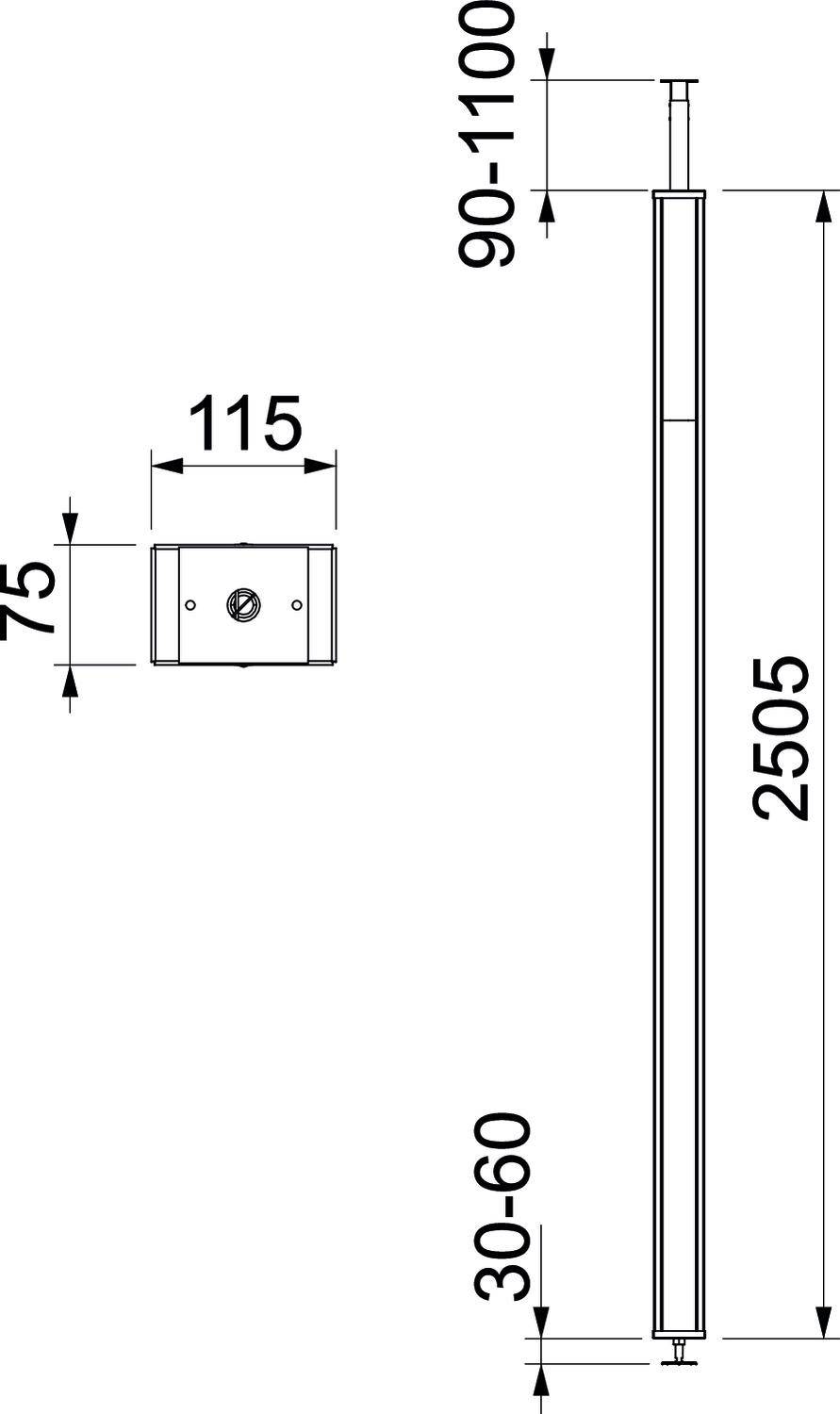 Technische Zeichnung eines vertikalen Bauteils mit Maßen: Länge 2505 mm, Breite 115 mm, Höhenverstellbar 90-1100 mm, Boden 30-60 mm.
