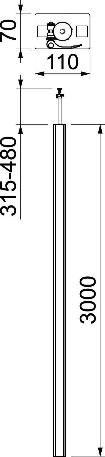 Technische Zeichnung eines höhenverstellbaren Ständers, Höhe verstellbar von 315 bis 480 mm, Gesamthöhe 3000 mm, Halterung 110 x 70 mm.