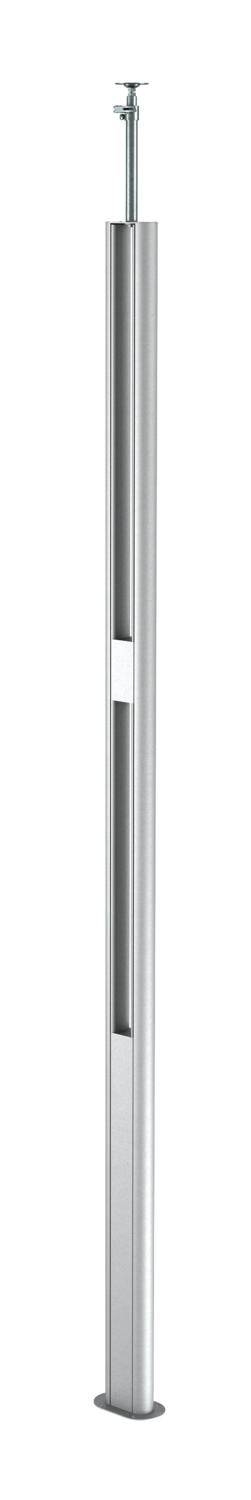 Metallisch aussehende, lange Stange mit einem Befestigungselement an der Spitze und einem breiten Sockel am unteren Ende.