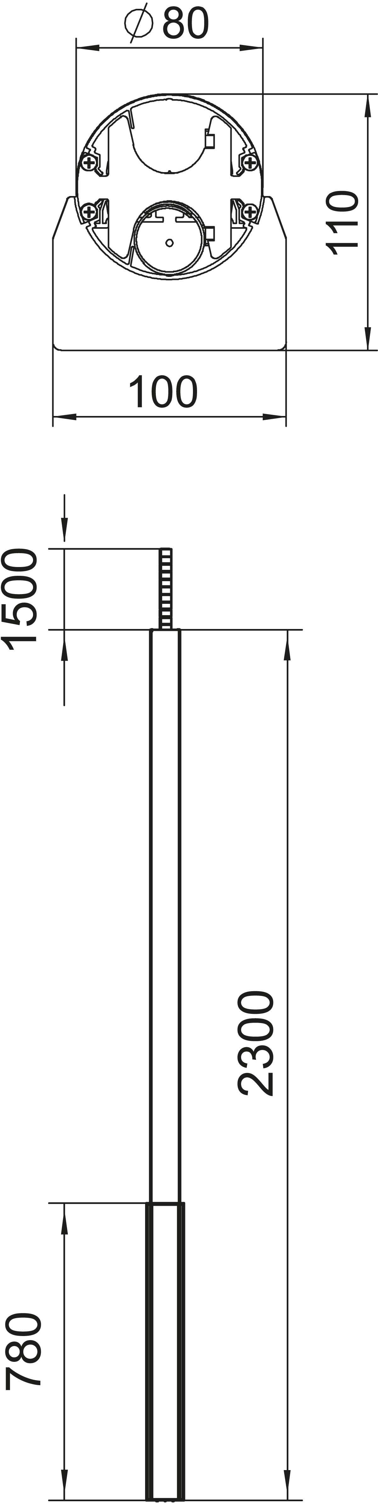 Technische Zeichnung eines Pfostens: Oben Draufsicht mit Durchmesserangaben von 80 mm, unten Seitenansicht mit Gesamthöhe 2300 mm.