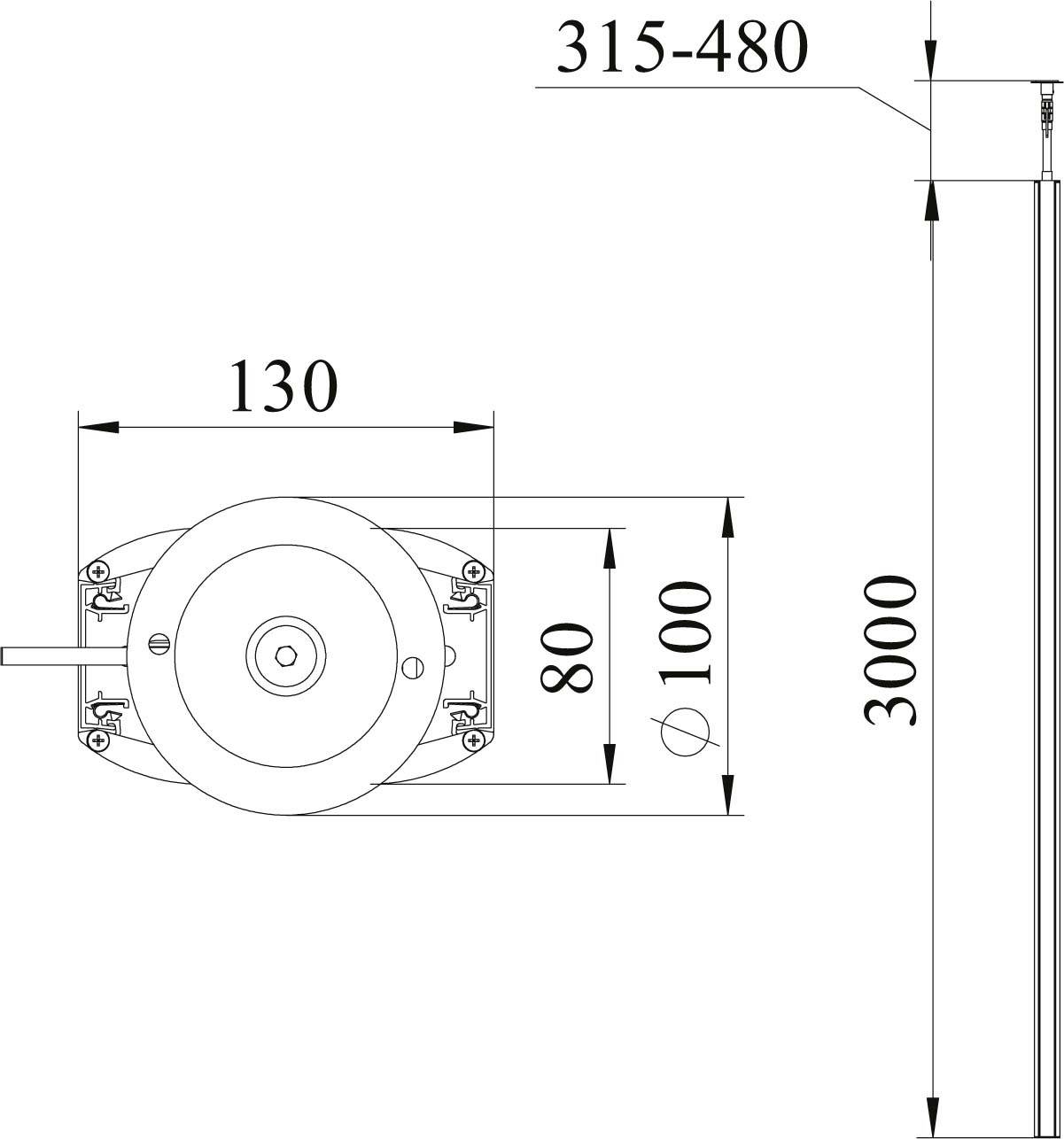 Technische Zeichnung zeigt die Maße eines runden Lüftungsgeräts mit einem Durchmesser von 100 mm, einer Länge von 3000 mm und der Breite von 130 mm.