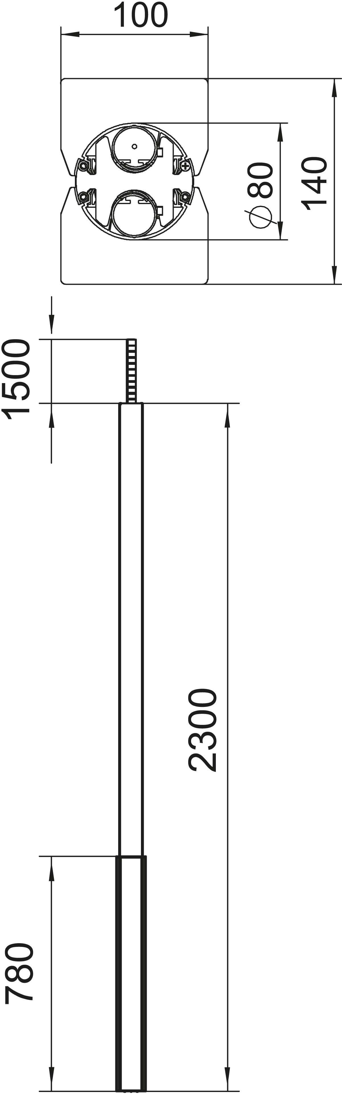 Technische Zeichnung eines Zylinders mit Maßen: Gesamthöhe 2300 mm, obere Sektion 1500 mm, untere Sektion 780 mm, Durchmesser oben 80 mm.