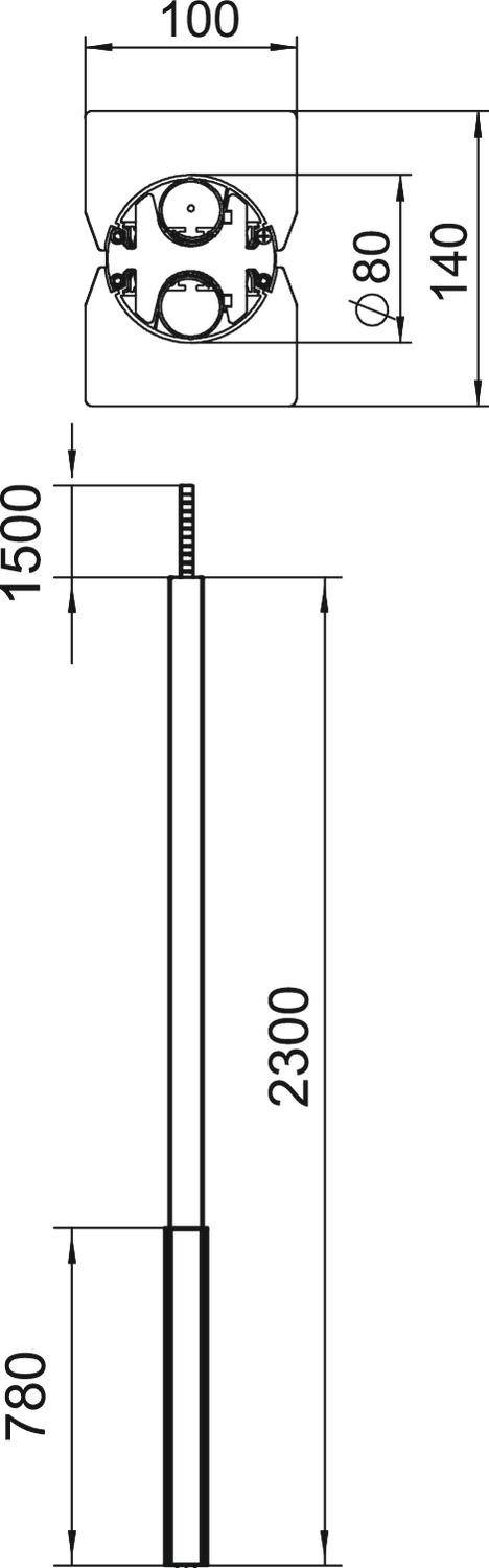 Diagramm eines zylindrischen Objekts mit Maßen: Höhe 2300 mm, Durchmesser 140 mm. Querschnittsanzeige oben, Längenangaben.