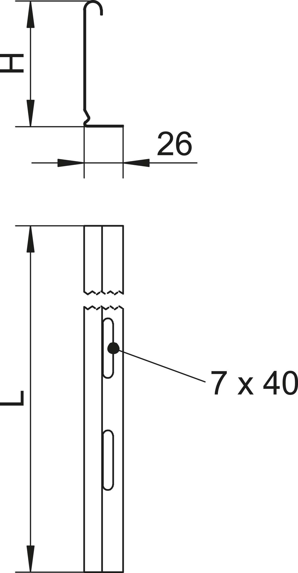Technische Zeichnung zeigt zwei Ansichten eines Hakenprofils mit den Maßen '26' und '7 x 40'.