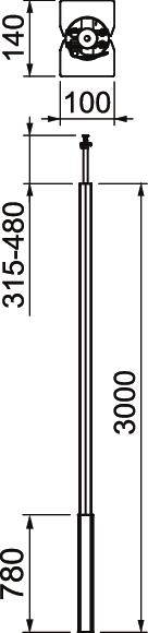 Technische Zeichnung eines Teleskopstabs. Maße: Durchmesser oben 140 mm, Länge 3000 mm, höhenverstellbar 315–480 mm, Basis 780 mm.