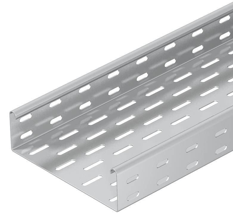 Perforiertes Metallkabeltrog, silberfarben, mit rechteckigen Löchern zur Belüftung. Ideal zur ordentlichen Kabelverlegung.