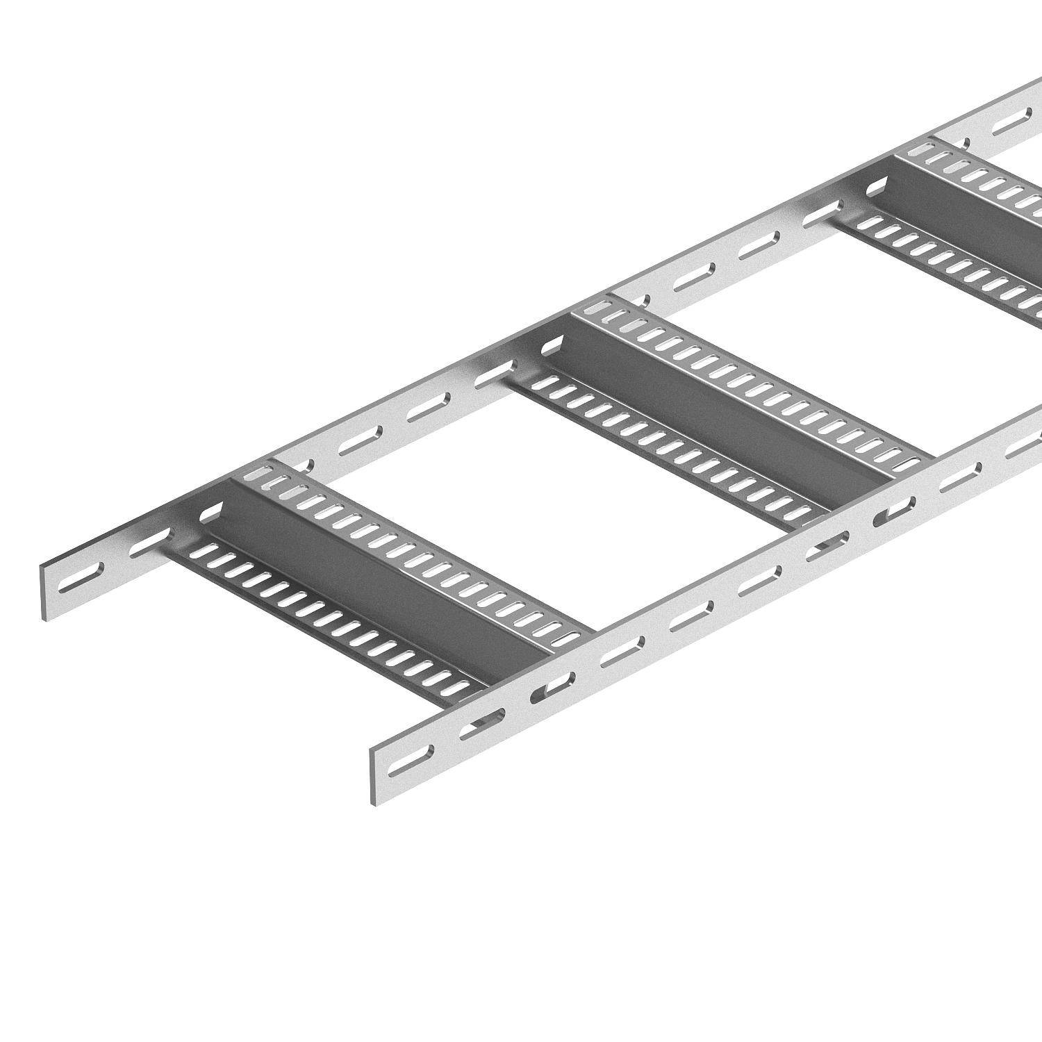 Ein silbernes Kabelträger-System aus Metall mit seitlichen Verstärkungen, geeignet zur sicheren Verlegung von elektrischen Kabeln.
