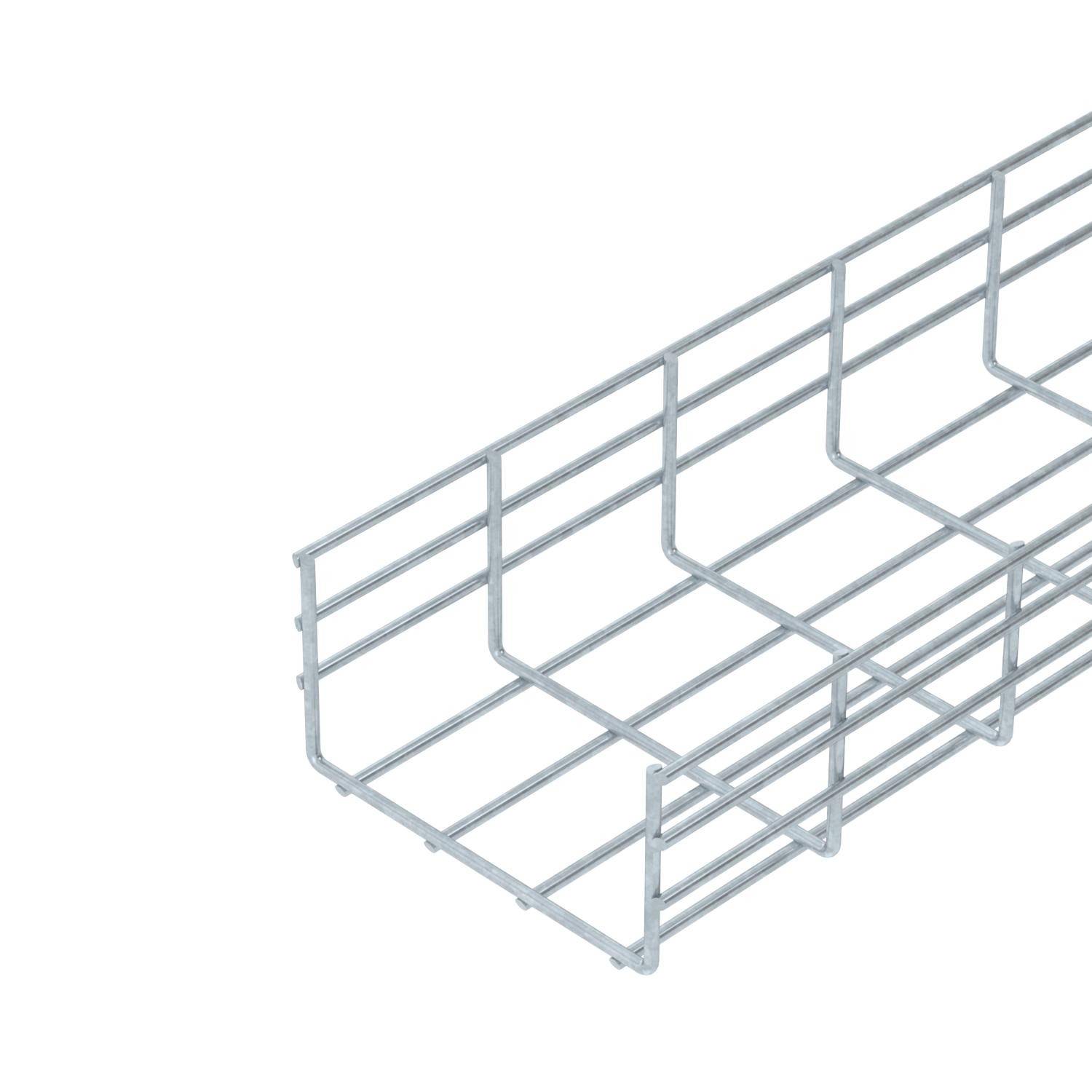 Ein silbernes Kabeltragsystem aus Metall in Gitterstruktur, perspektivisch von der Seite gezeigt. Ideal für Kabelmanagement in Gebäuden.