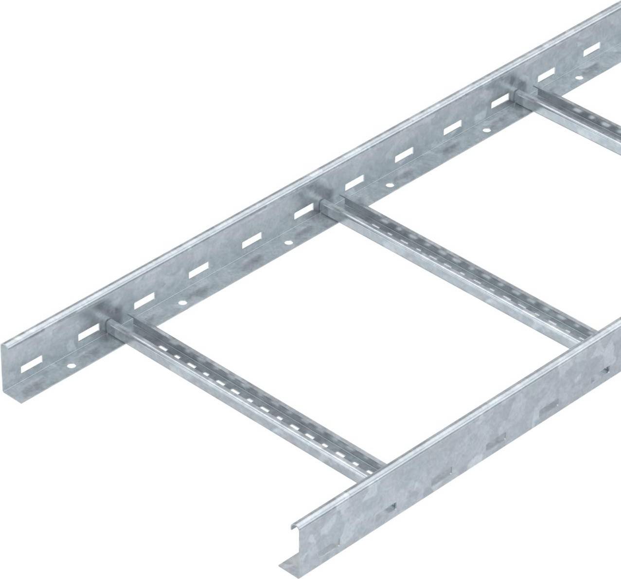 Ein silbernes Kabelrinnensystem aus Metall mit rechteckigen Öffnungen entlang der Seiten.