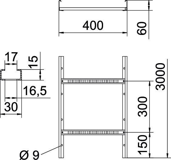 Technische Zeichnung eines Rahmengestells: Höhe 3000 mm, Breite 400 mm, Tiefe 60 mm. Details zu Bohrungen und Strebenabständen.