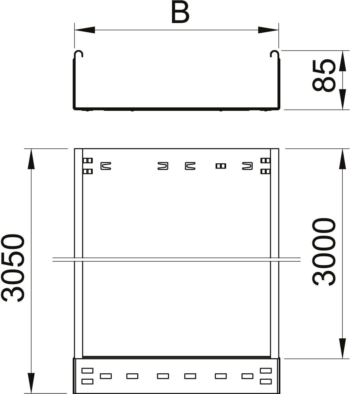 Technische Zeichnung eines Metallprofils mit den Maßen: Breite 'B', Höhe 85 mm. Gesamthöhe des Elements beträgt 3050 mm.