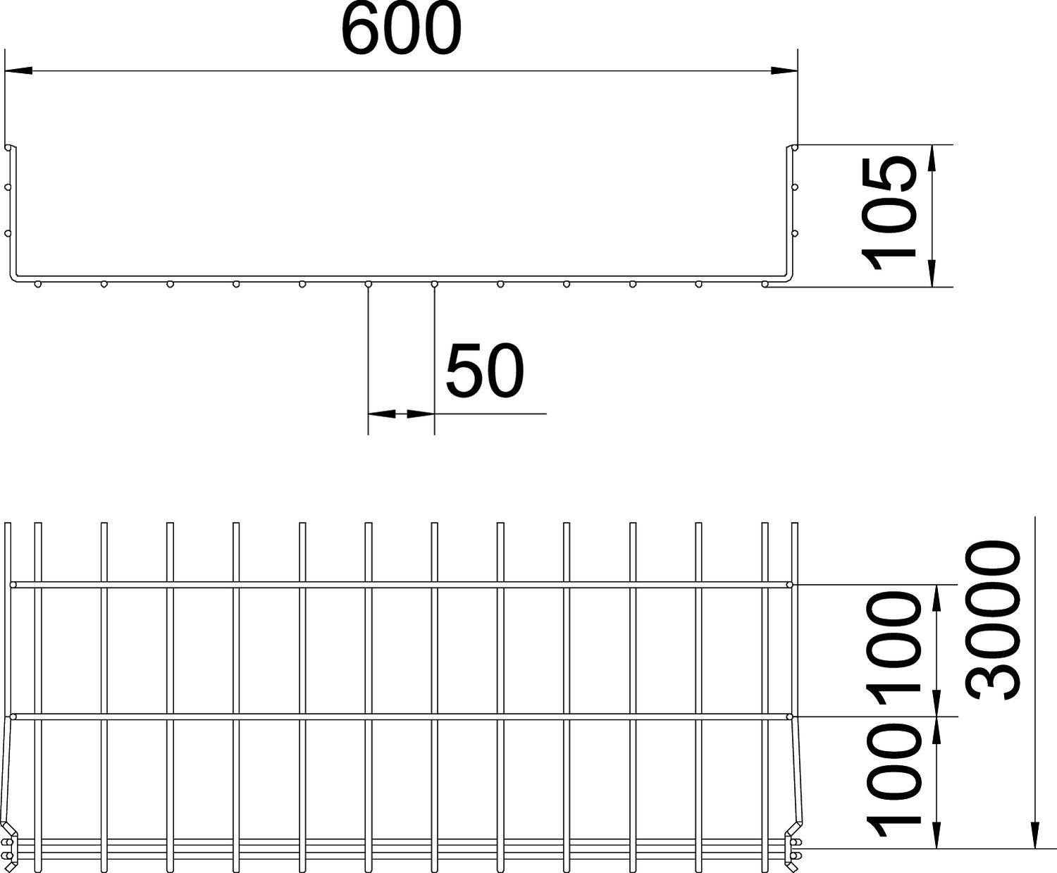 Technische Zeichnung eines rechteckigen Gitters mit Maßen: Breite 600 mm, Höhe 105 mm, Tiefe 50 mm; Stäbe 100 mm auseinander.