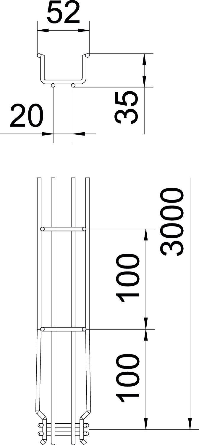 Technische Zeichnung einer Metallkonstruktion. Oben: U-Profil, 52x35x20 mm. Unten: Profil mit Maßen von 3000 mm und Segmenten von 100 mm.