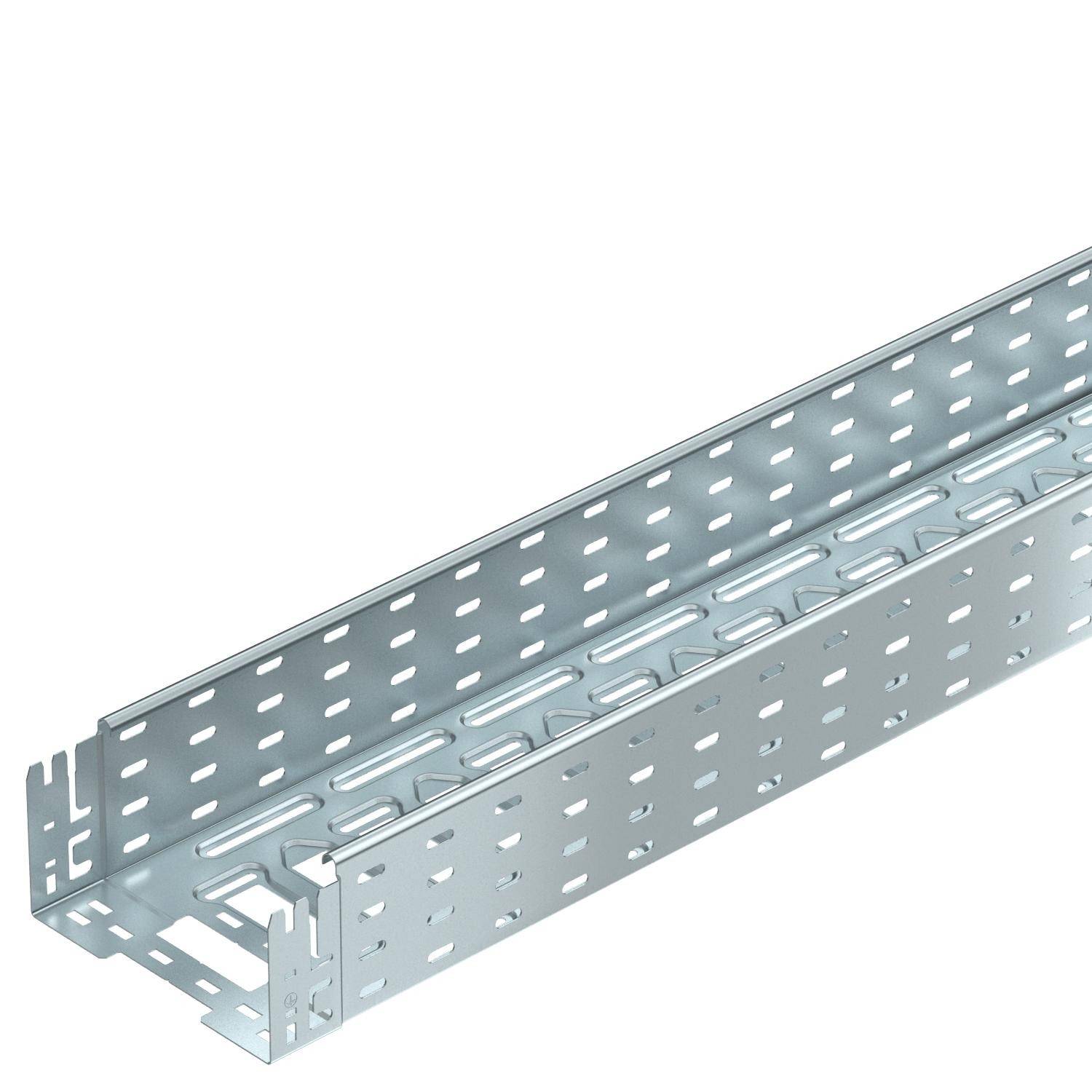 Metallische Kabelrinne mit perforierten Seiten und Boden, ermöglicht die Organisation und Führung von Kabeln in industriellen Installationen.