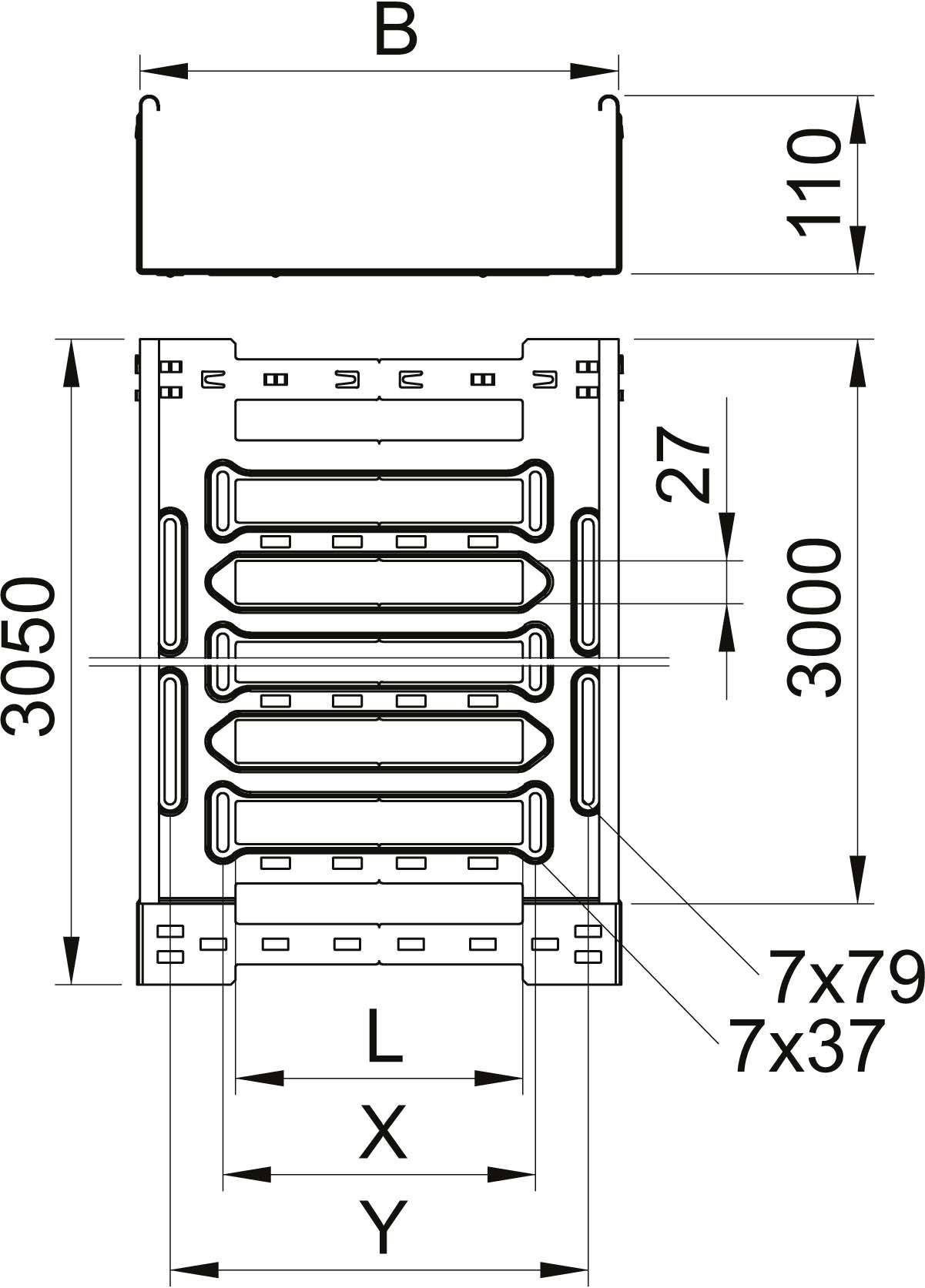 Technische Zeichnung eines Regals: zeigt Vorderansicht und Maße. Höhe 3050 mm, Breite 'B', Tiefe 110 mm, fünf Fachböden. Fachhöhe 27 mm.